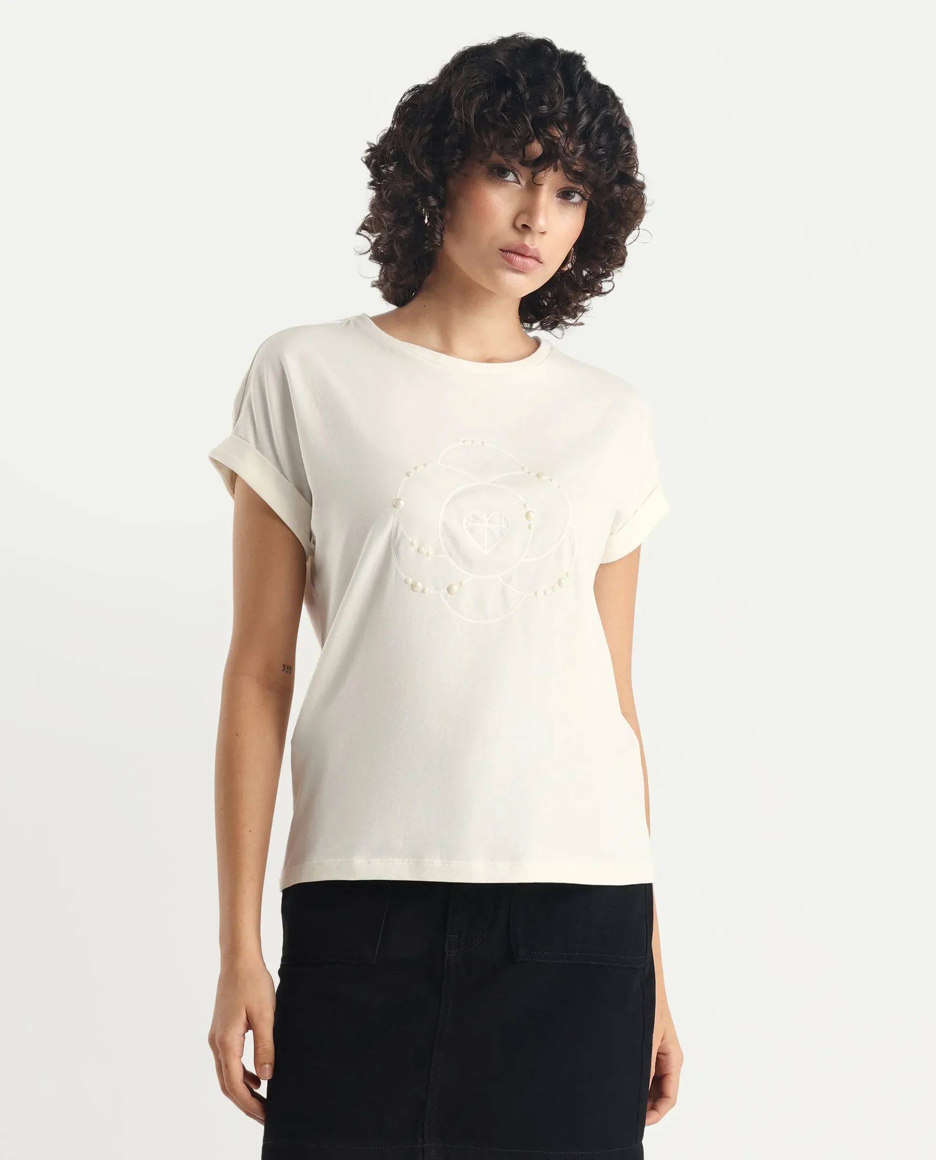 Rareism Women's Rosi Off White Cotton Blend Crew Neck Graphic Print Extended Sleeves Relaxed Fit T-Shirt - Image 4