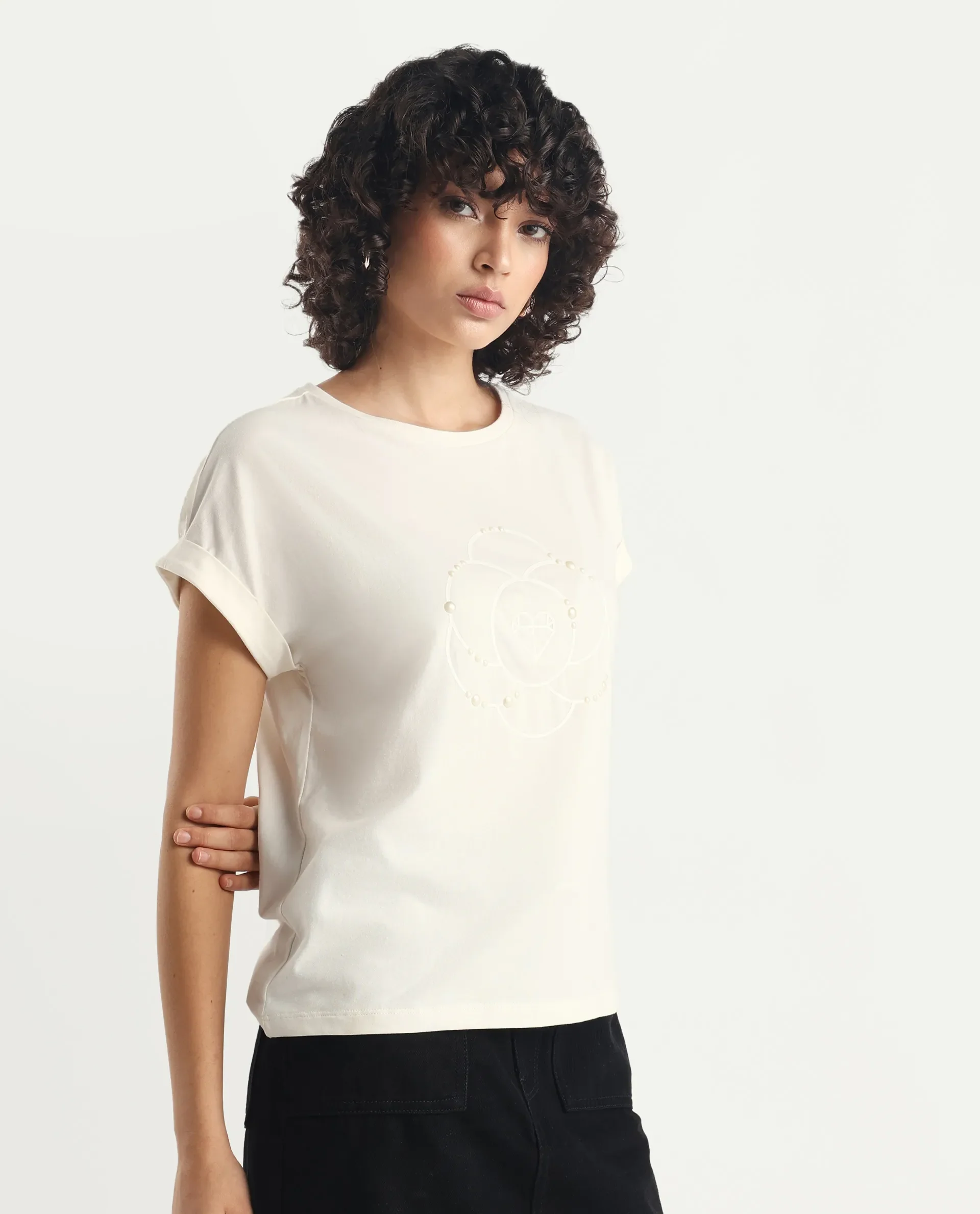 Rareism Women's Rosi Off White Cotton Blend Crew Neck Graphic Print Extended Sleeves Relaxed Fit T-Shirt - Image 5