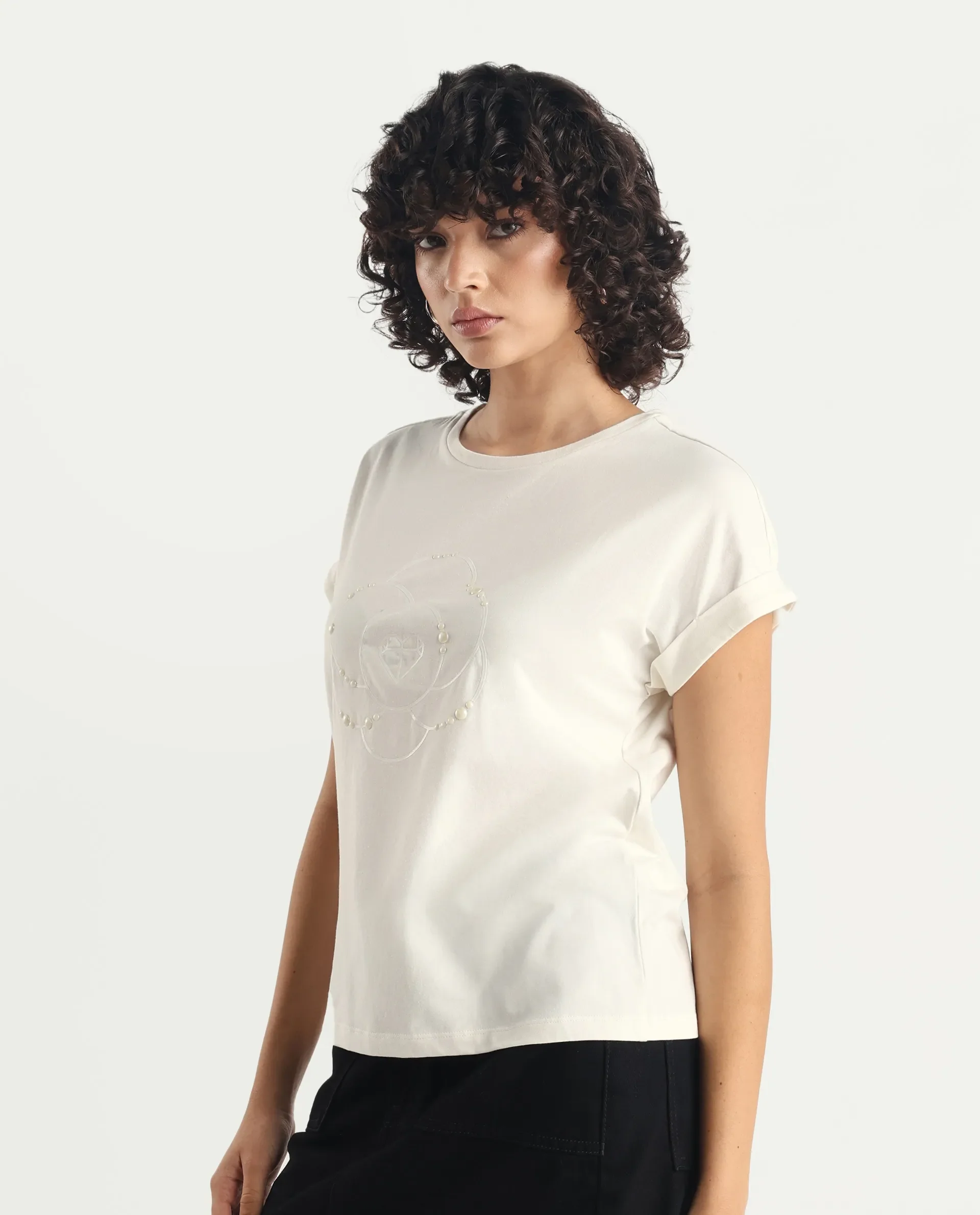 Rareism Women's Rosi Off White Cotton Blend Crew Neck Graphic Print Extended Sleeves Relaxed Fit T-Shirt - Image 6
