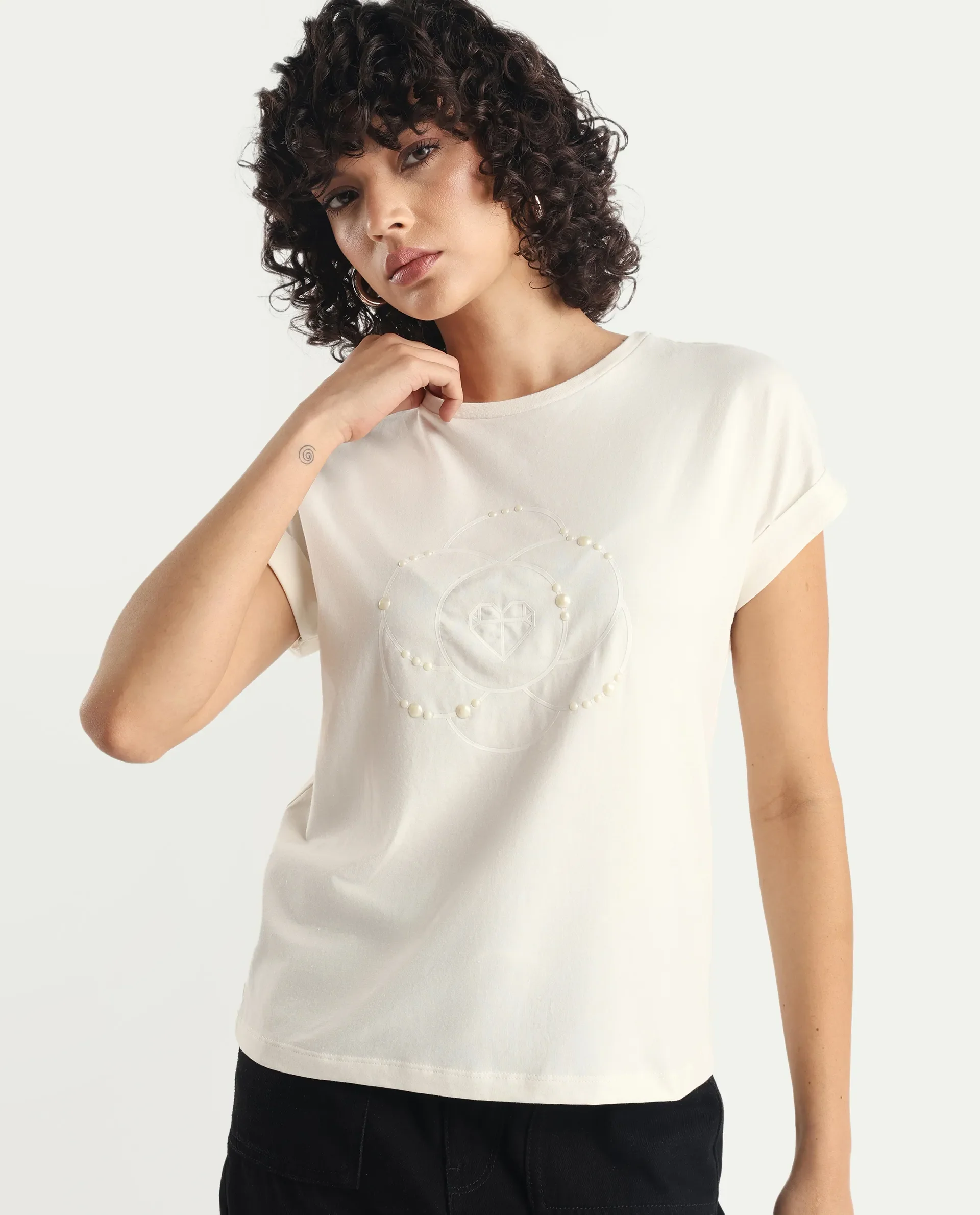 Rareism Women's Rosi Off White Cotton Blend Crew Neck Graphic Print Extended Sleeves Relaxed Fit T-Shirt - Image 7