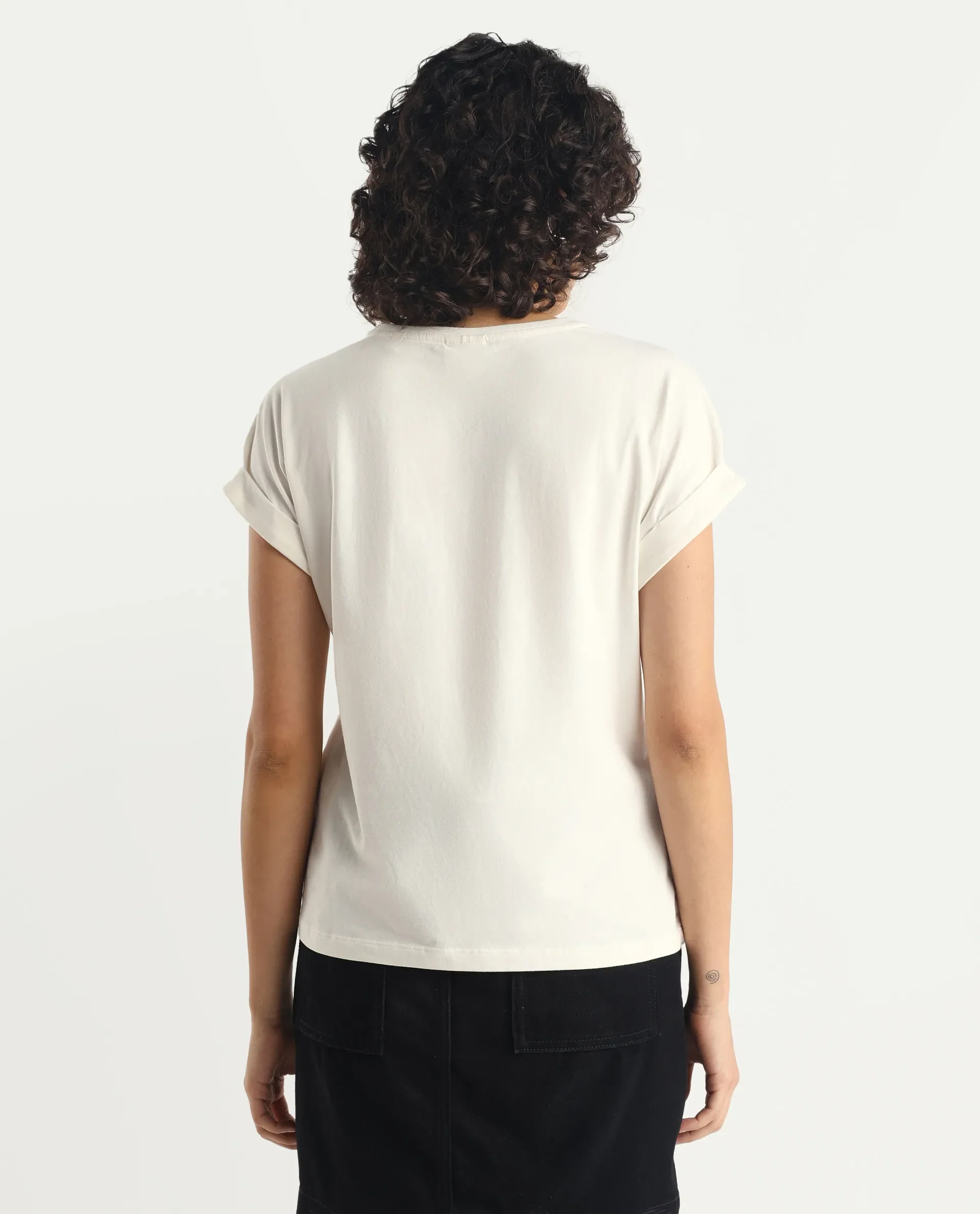 Rareism Women's Rosi Off White Cotton Blend Crew Neck Graphic Print Extended Sleeves Relaxed Fit T-Shirt - Image 8