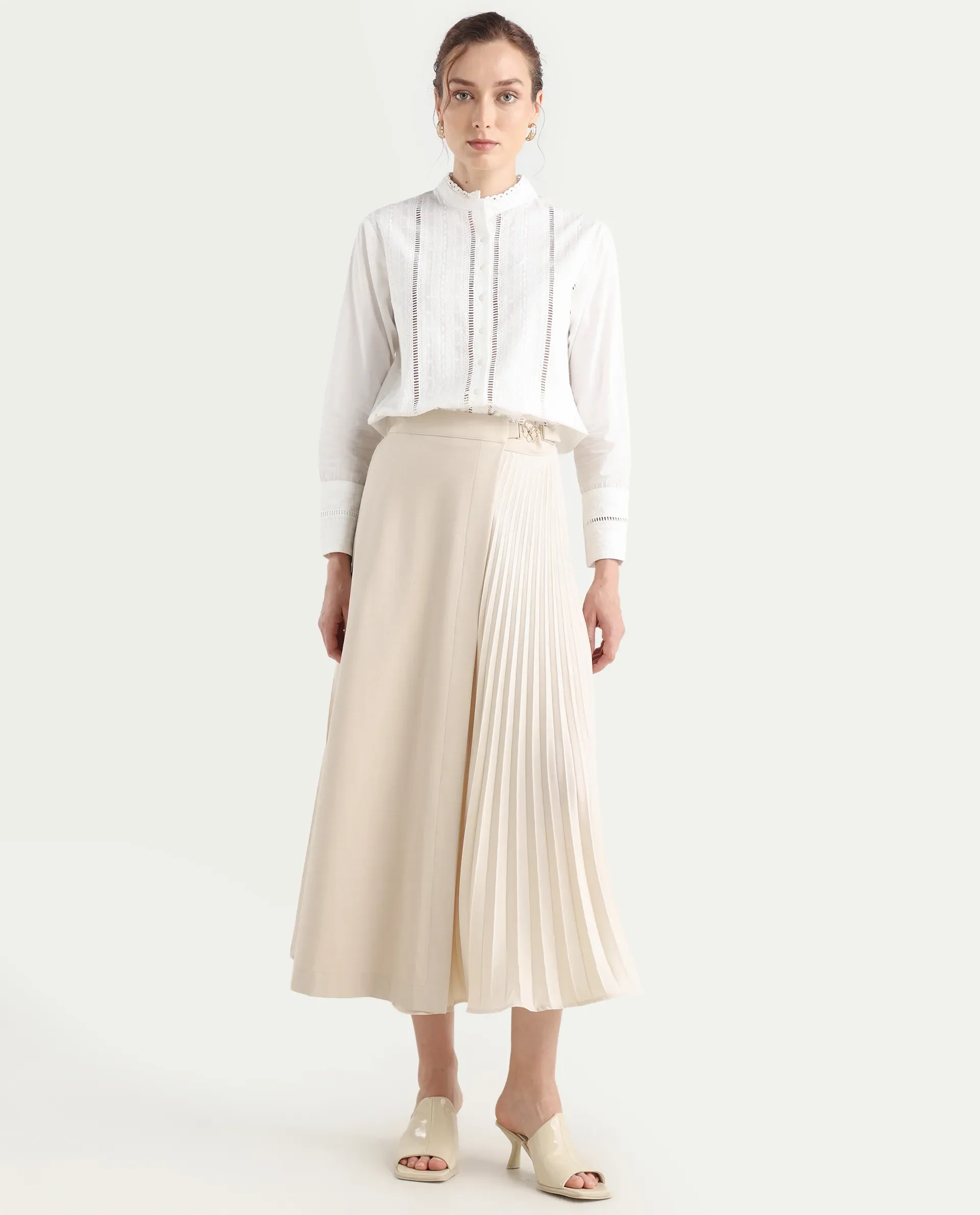 Rareism Women's Roski Light Beige Polyester Blend Flared Skirt - Image 2