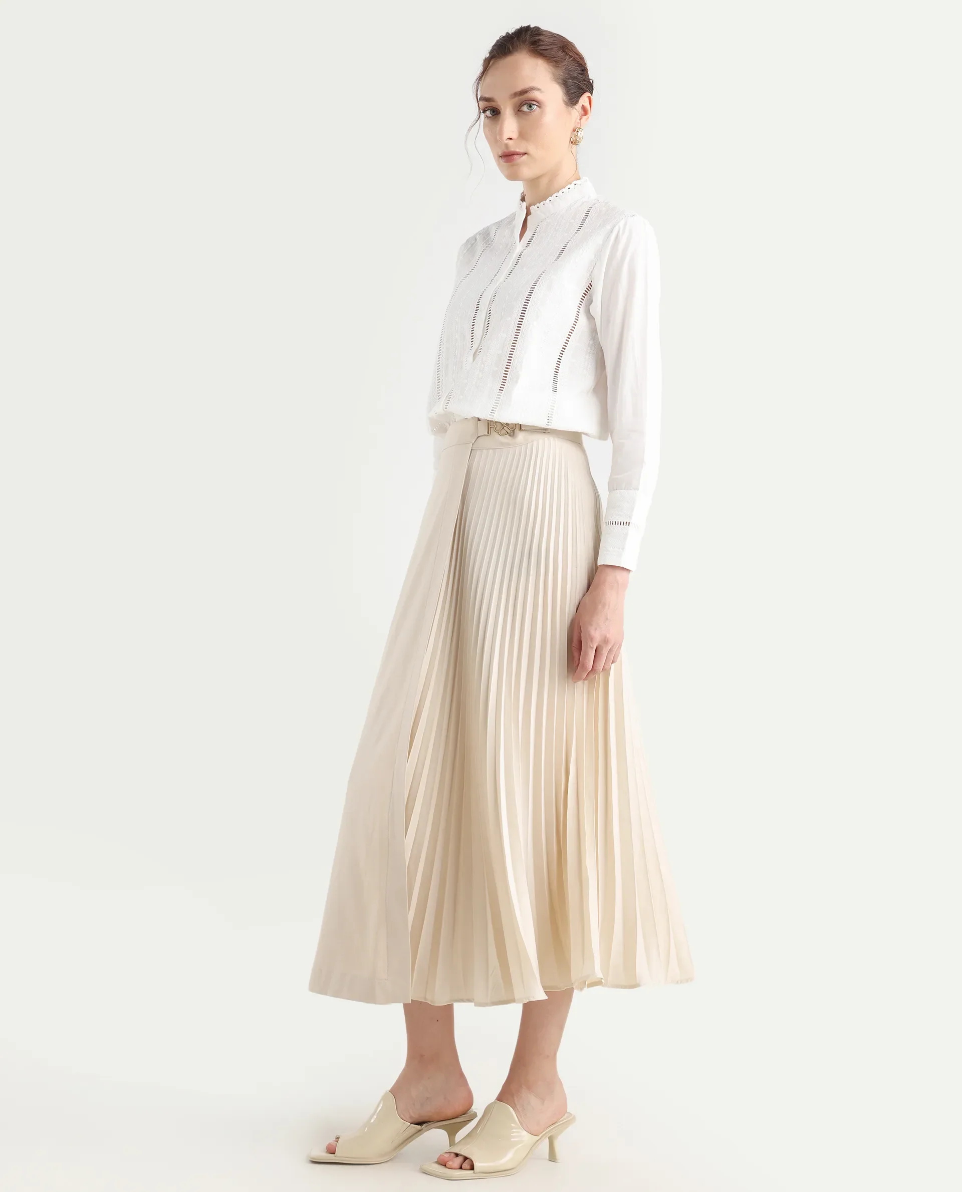 Rareism Women's Roski Light Beige Polyester Blend Flared Skirt - Image 5