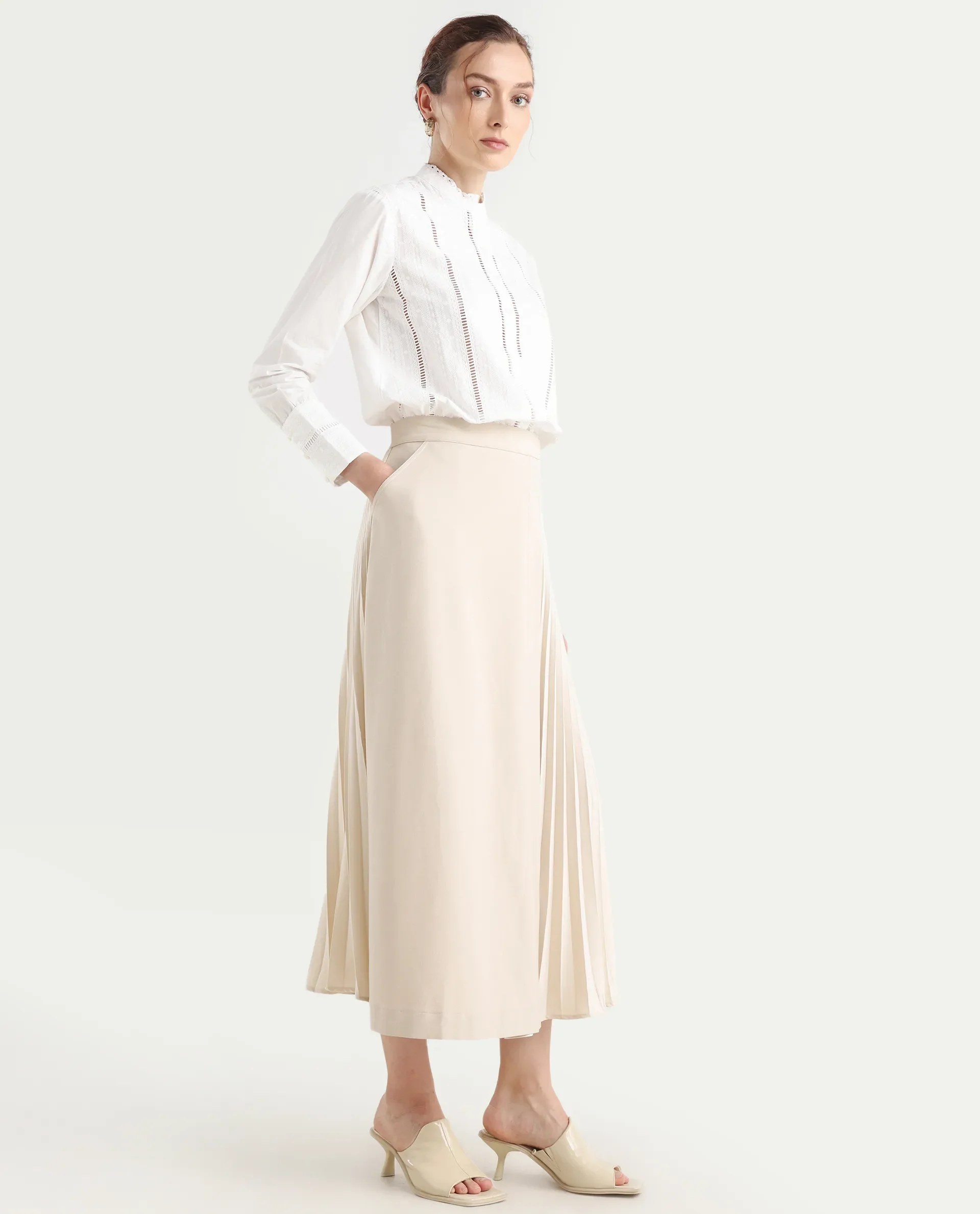 Rareism Women's Roski Light Beige Polyester Blend Flared Skirt - Image 6