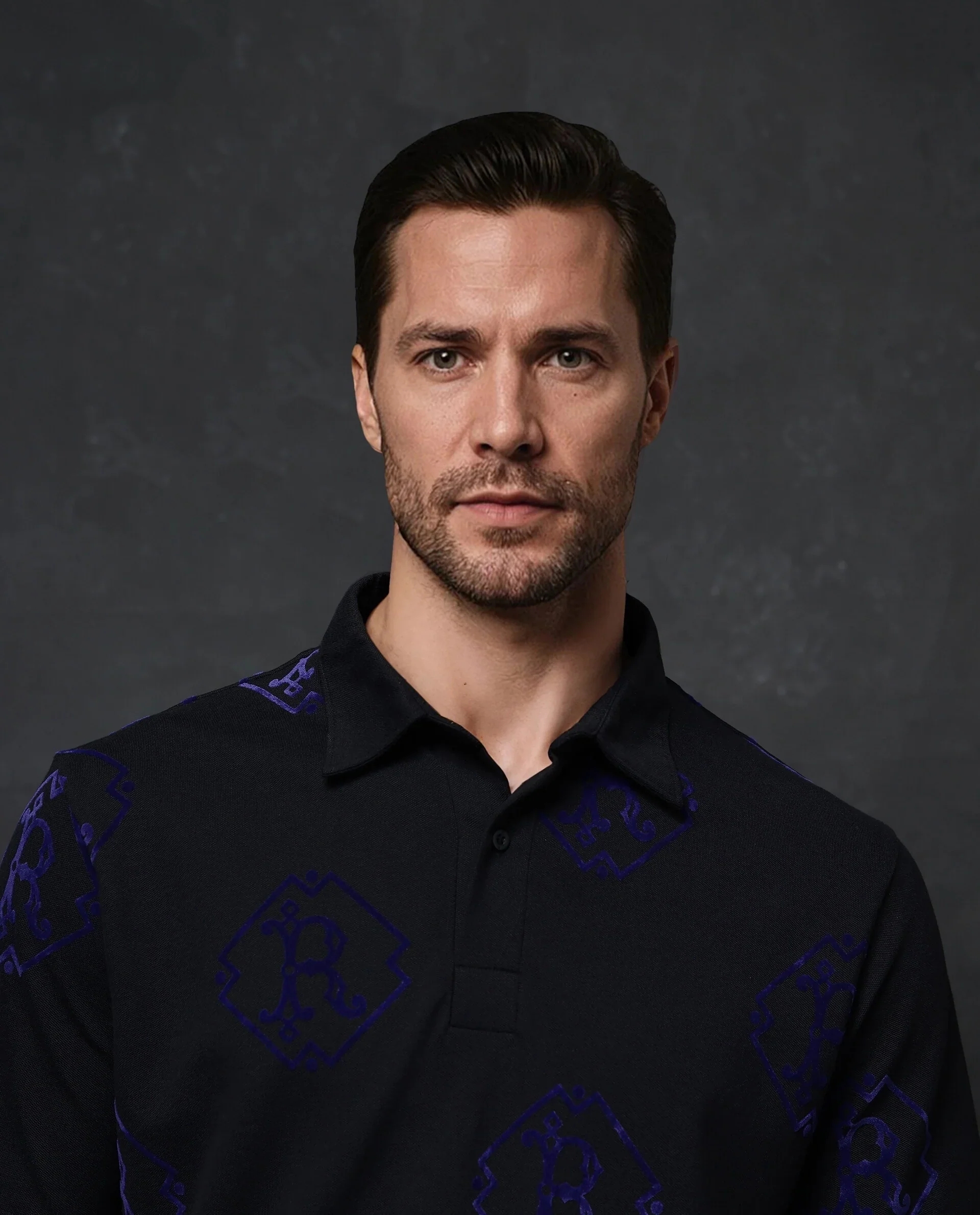 Rare Rabbit Men's Roson Black Cotton Monogram Print Regular Fit Half Sleeve Polo - Image 2