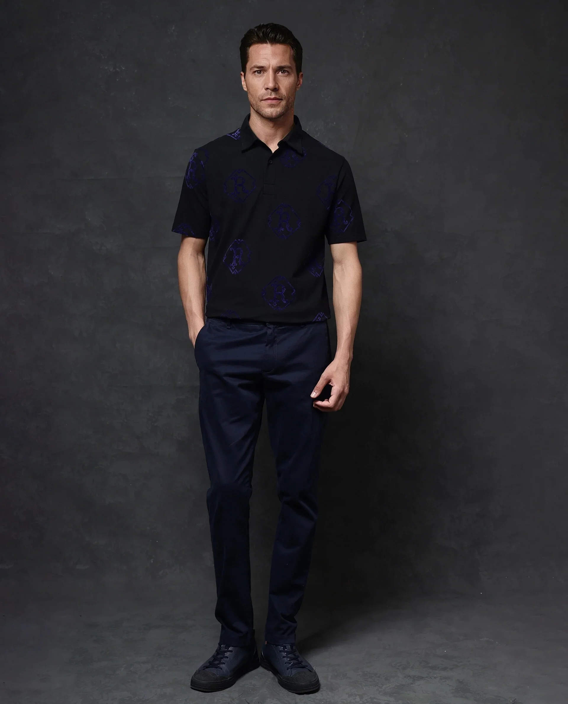 Rare Rabbit Men's Roson Black Cotton Monogram Print Regular Fit Half Sleeve Polo - Image 3
