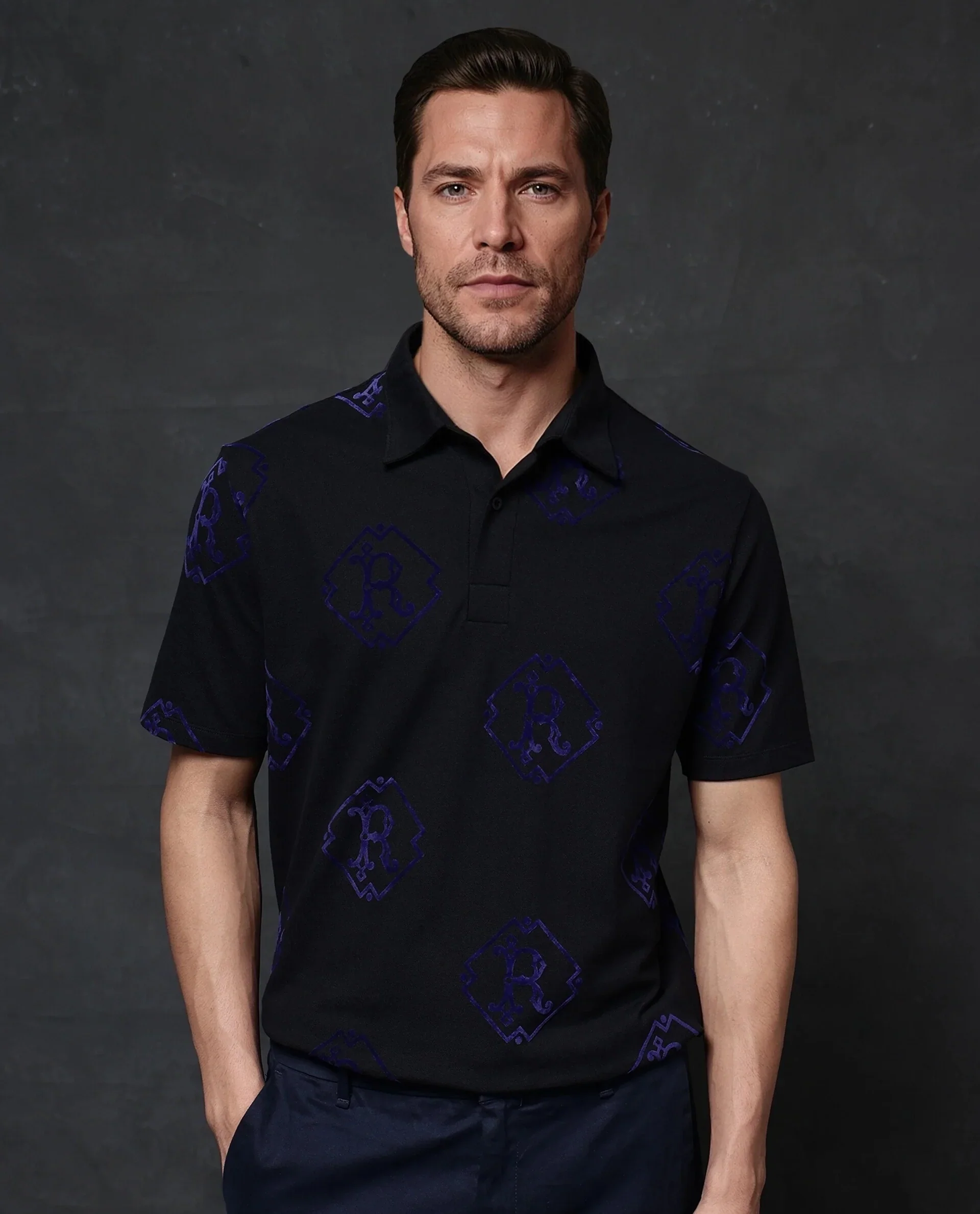 Rare Rabbit Men's Roson Black Cotton Monogram Print Regular Fit Half Sleeve Polo - Image 4