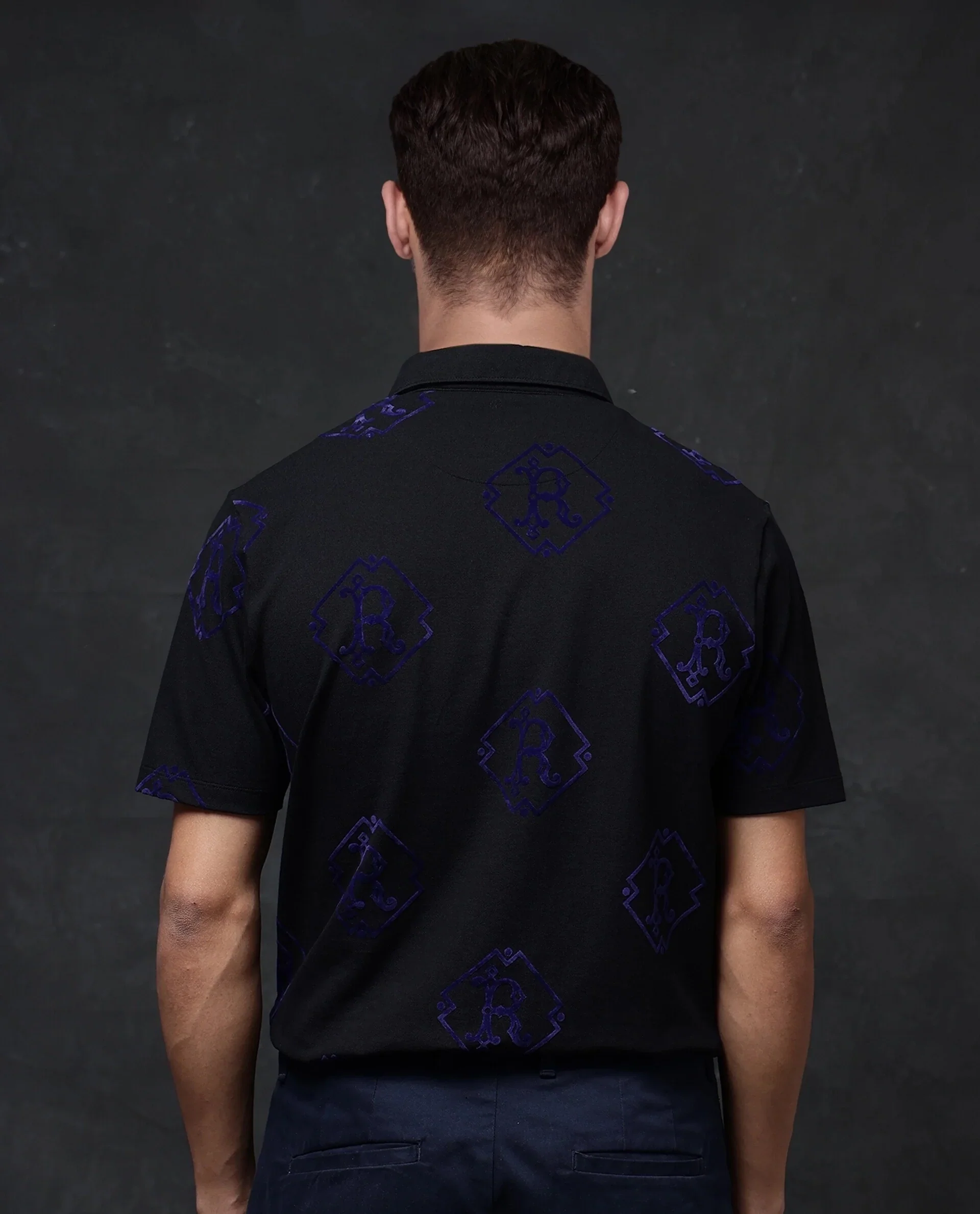 Rare Rabbit Men's Roson Black Cotton Monogram Print Regular Fit Half Sleeve Polo - Image 5