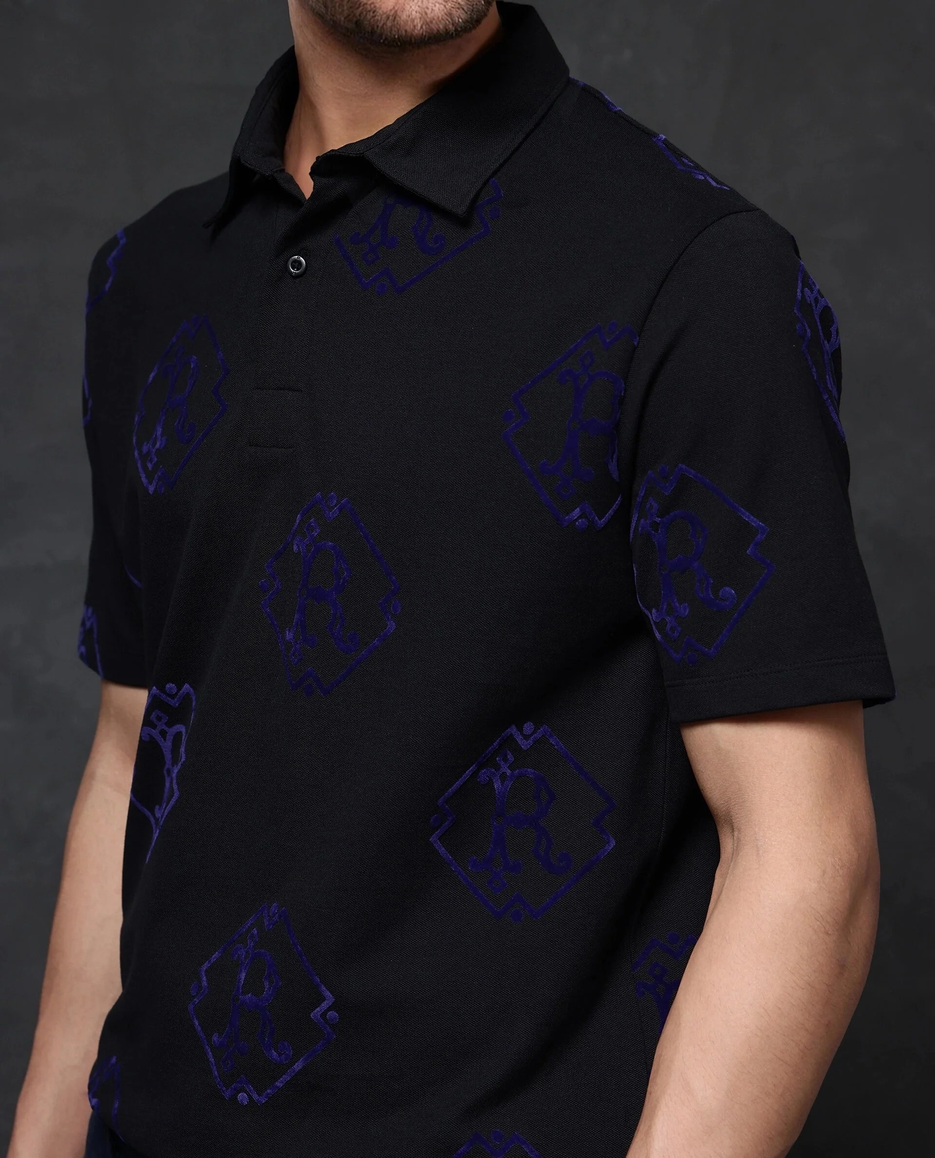 Rare Rabbit Men's Roson Black Cotton Monogram Print Regular Fit Half Sleeve Polo - Image 6