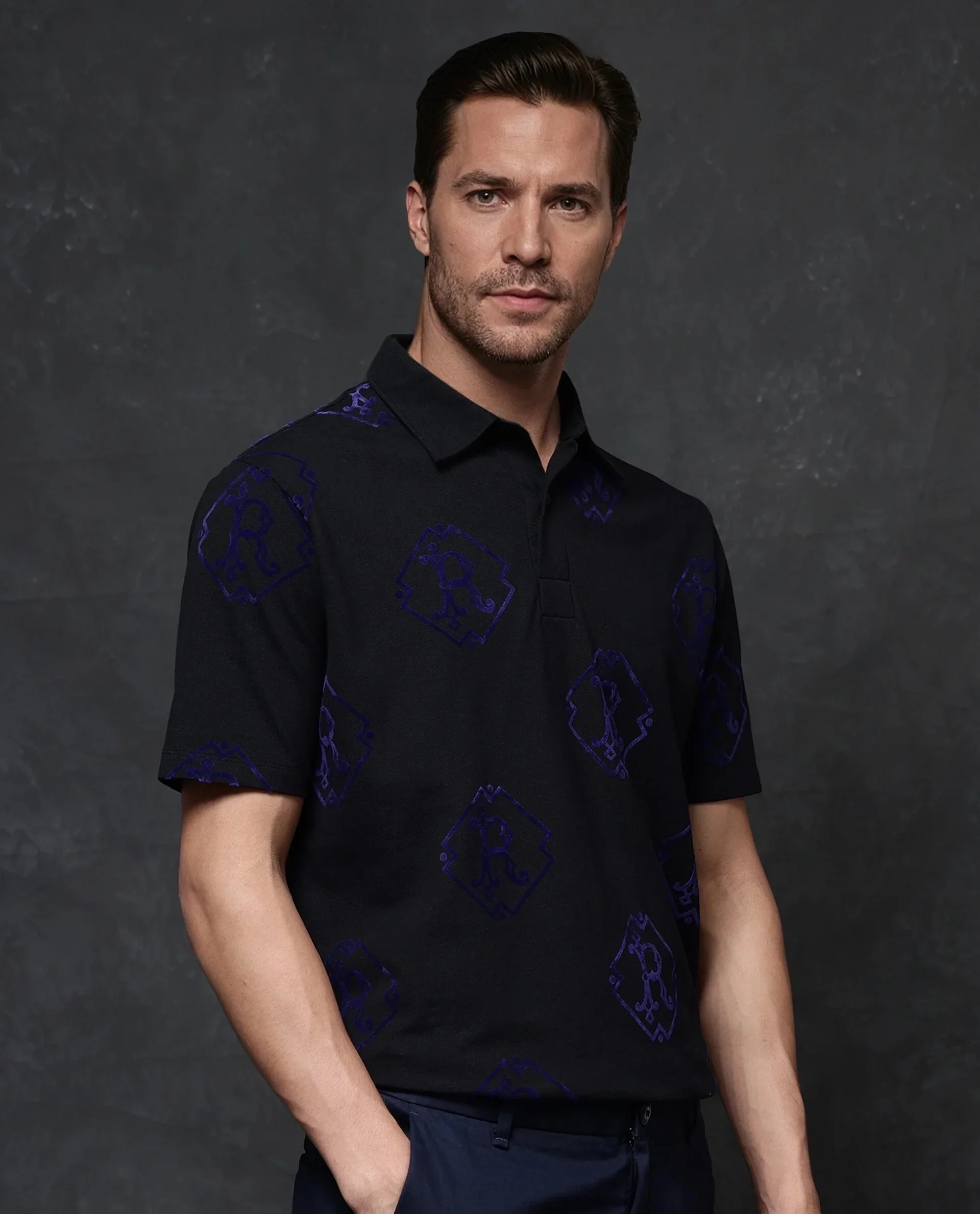 Rare Rabbit Men's Roson Black Cotton Monogram Print Regular Fit Half Sleeve Polo - Image 7