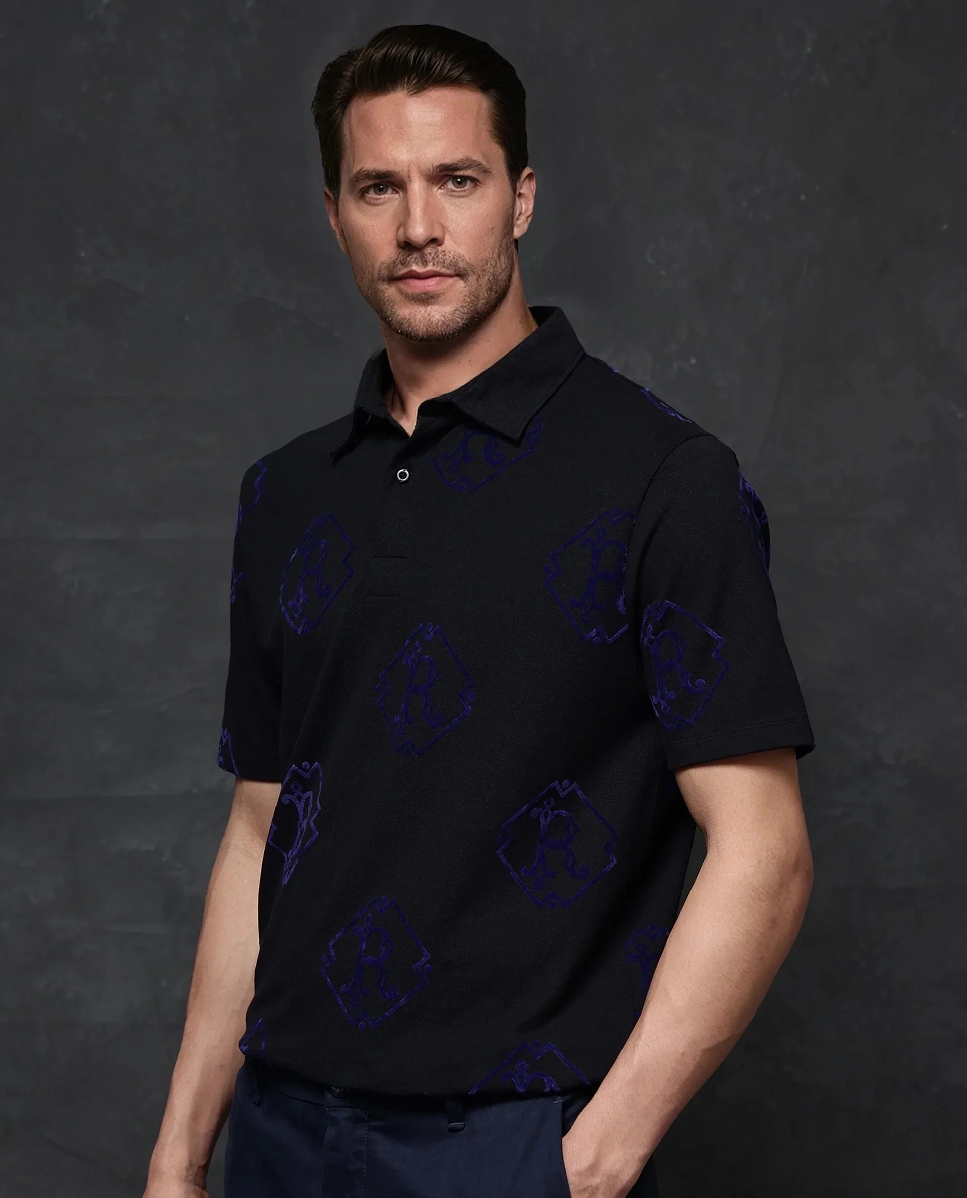 Rare Rabbit Men's Roson Black Cotton Monogram Print Regular Fit Half Sleeve Polo - Image 8