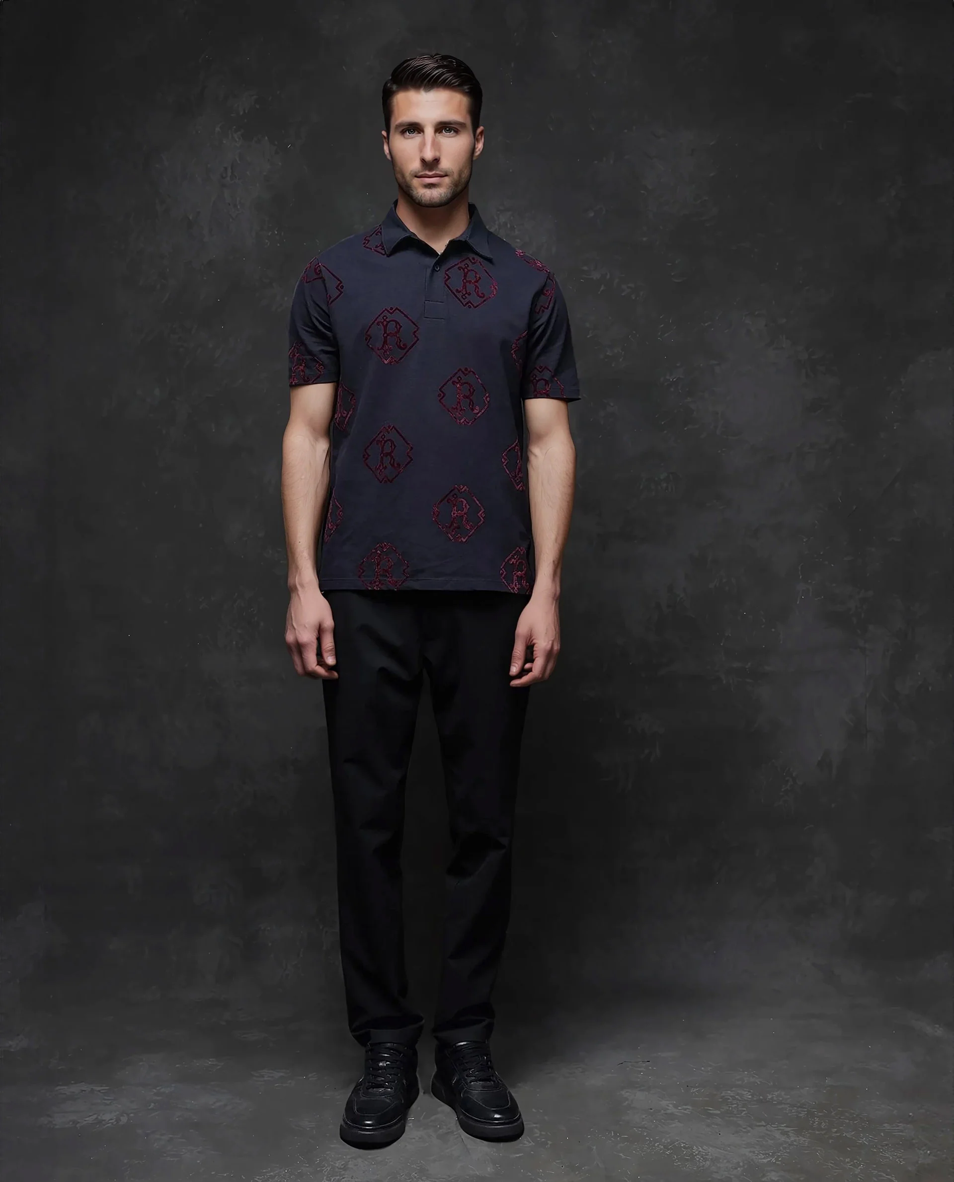 Rare Rabbit Men's Roson Navy Cotton Monogram Print Regular Fit Half Sleeve Polo - Image 2