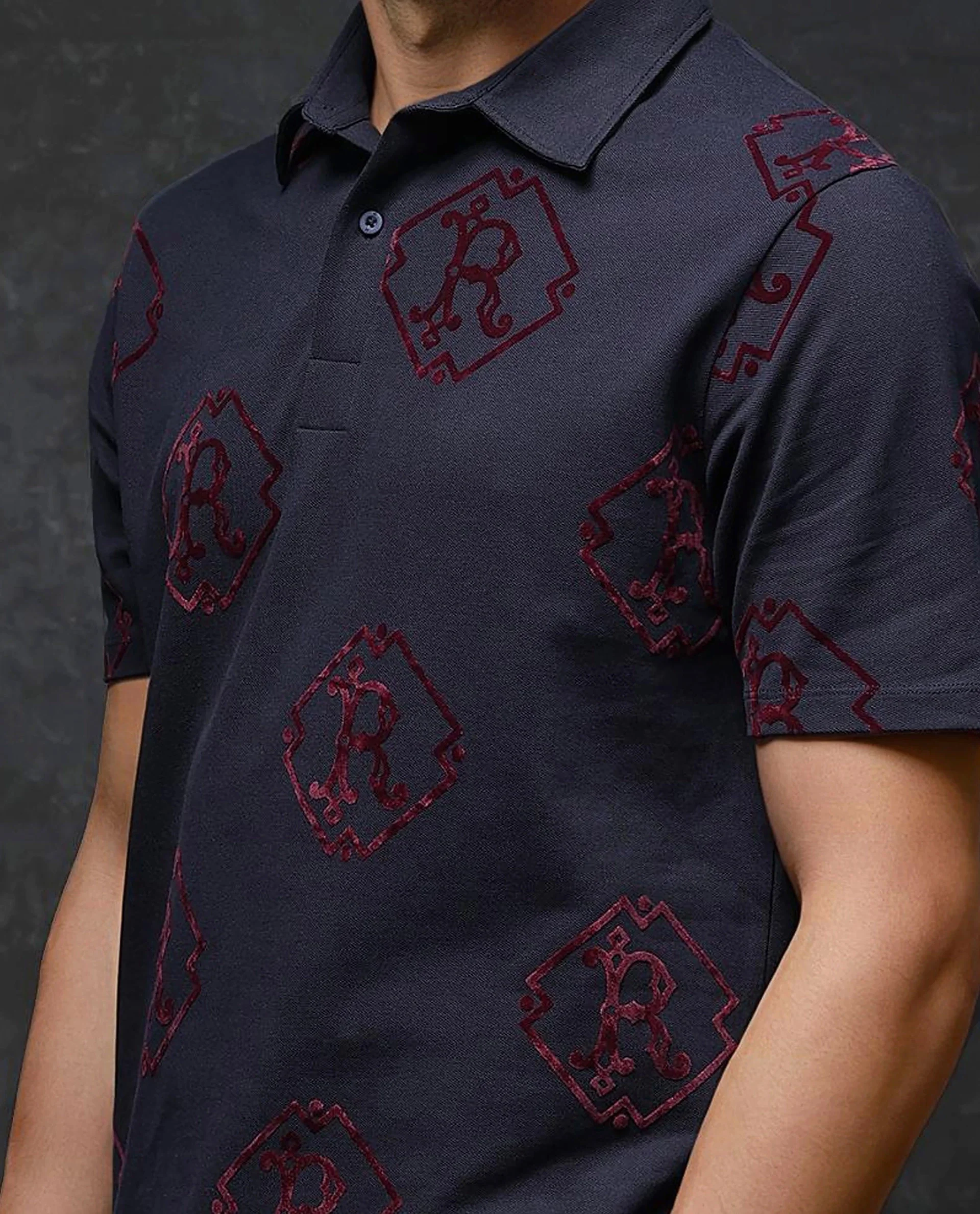 Rare Rabbit Men's Roson Navy Cotton Monogram Print Regular Fit Half Sleeve Polo - Image 3