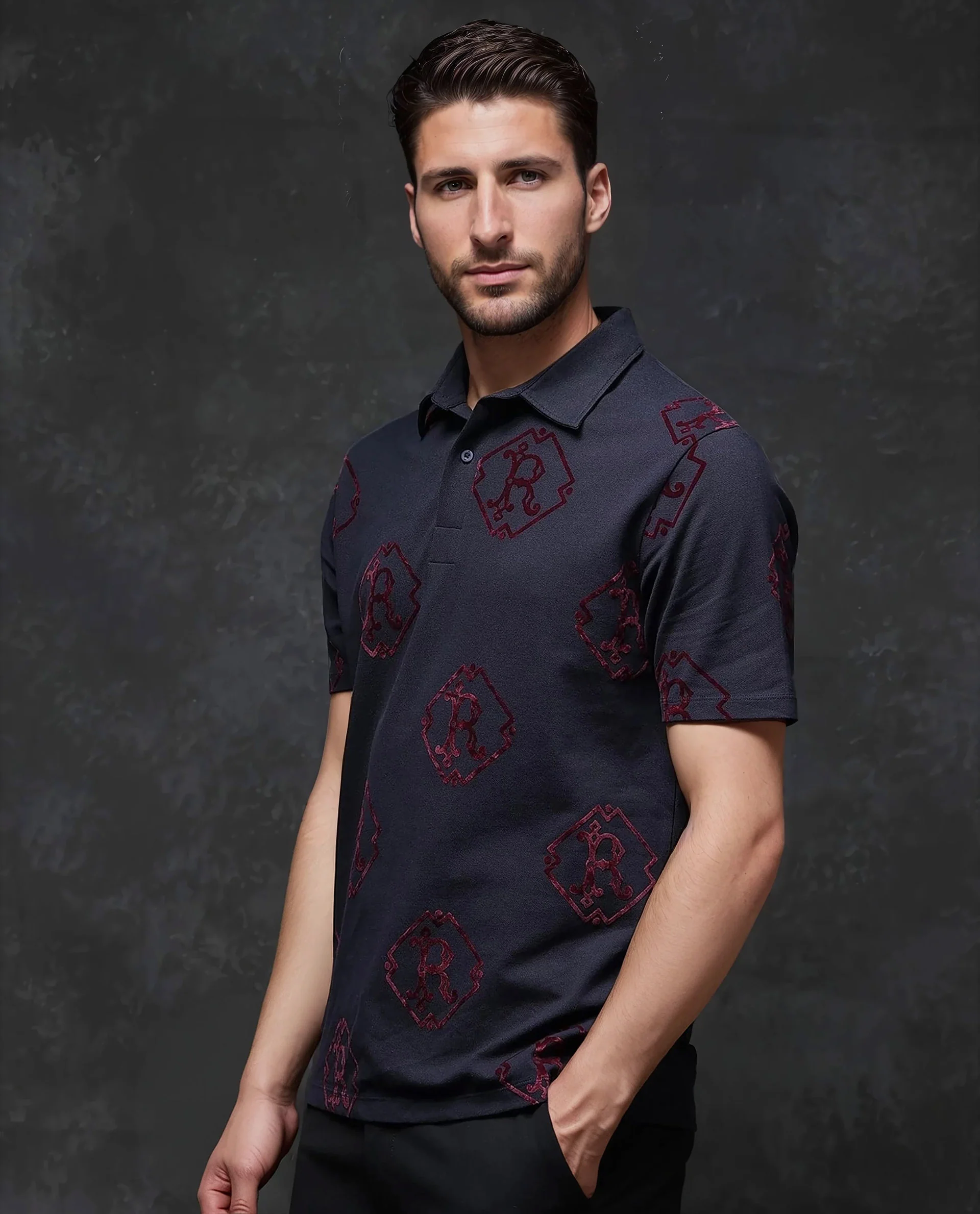 Rare Rabbit Men's Roson Navy Cotton Monogram Print Regular Fit Half Sleeve Polo - Image 4