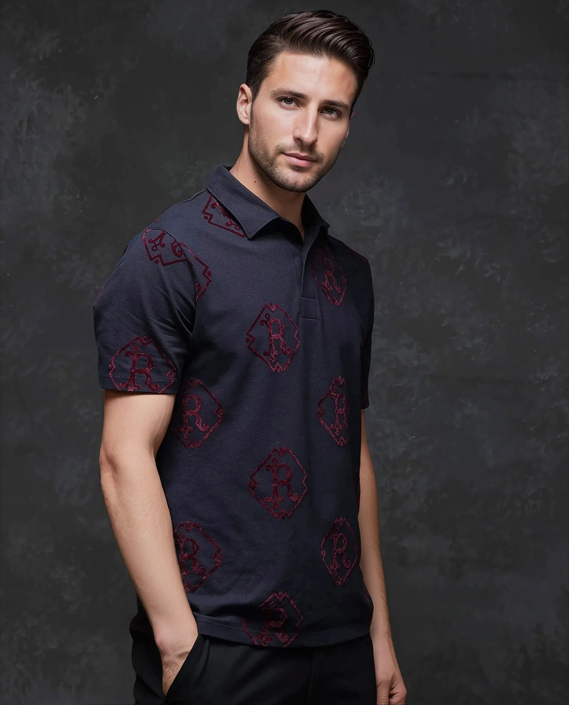 Rare Rabbit Men's Roson Navy Cotton Monogram Print Regular Fit Half Sleeve Polo - Image 5
