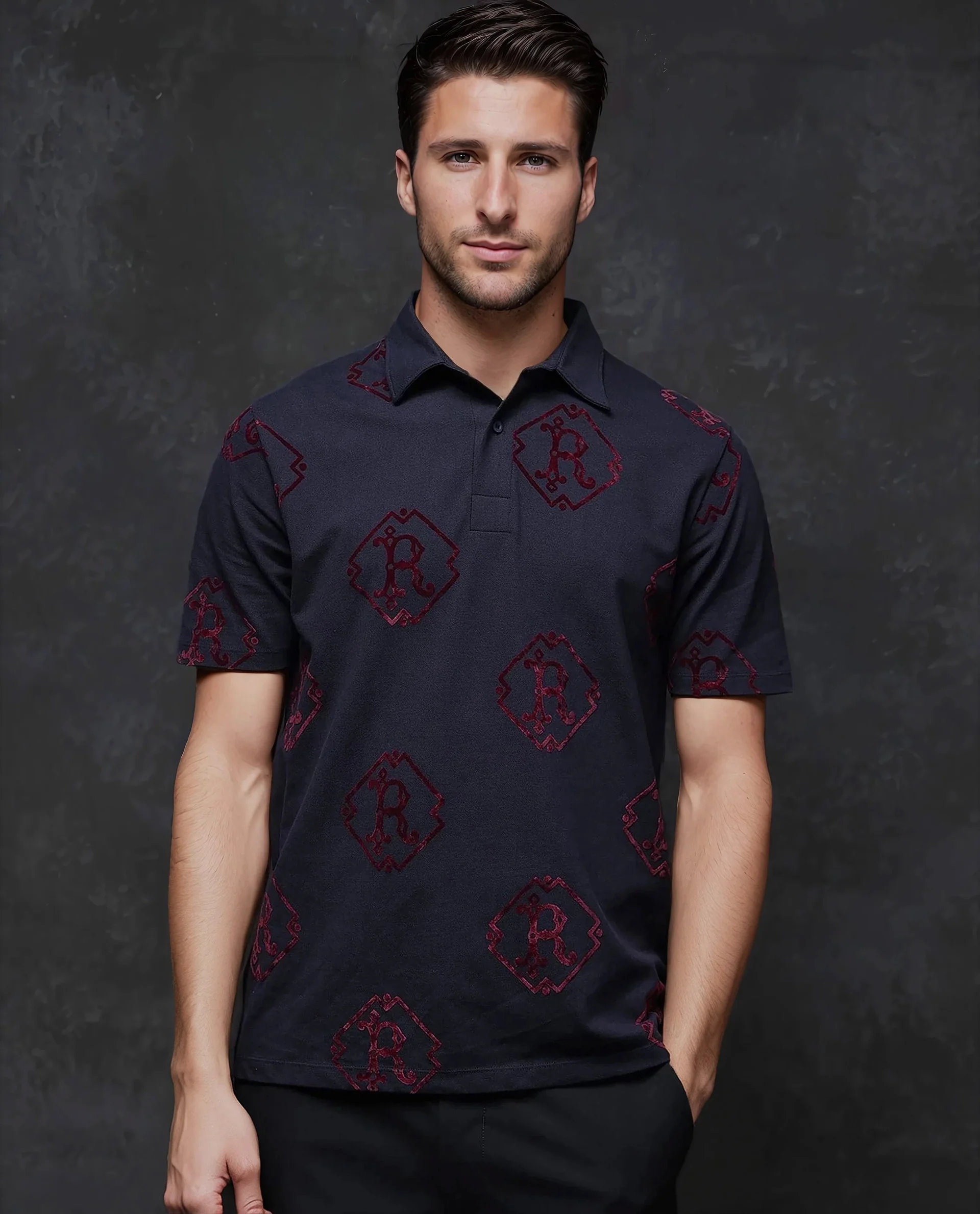 Rare Rabbit Men's Roson Navy Cotton Monogram Print Regular Fit Half Sleeve Polo - Image 7