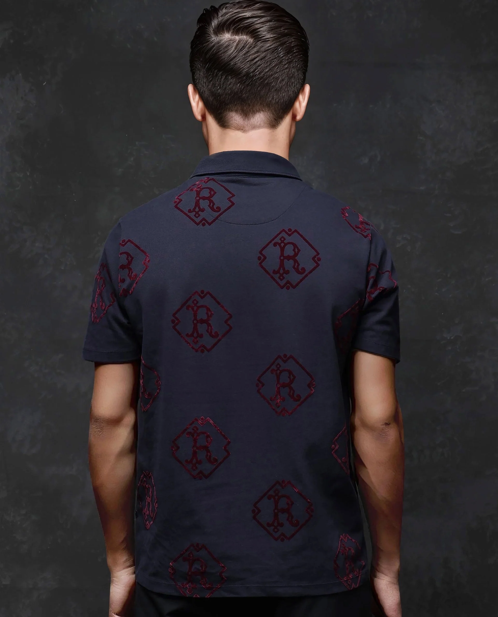 Rare Rabbit Men's Roson Navy Cotton Monogram Print Regular Fit Half Sleeve Polo - Image 8