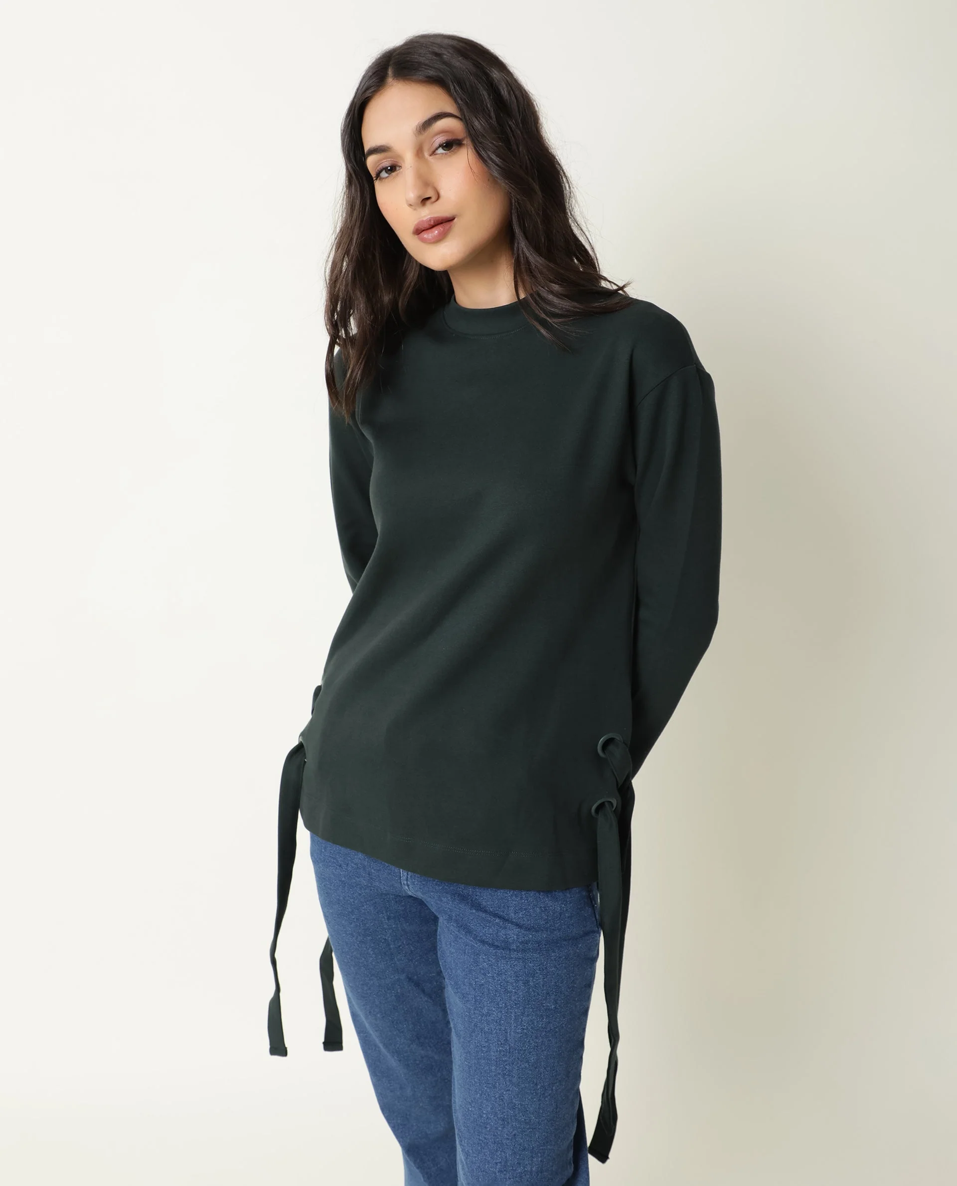 Rareism Women's Ross- Green Cotton Crew Neck Plain Regular Fit Top - Image 10