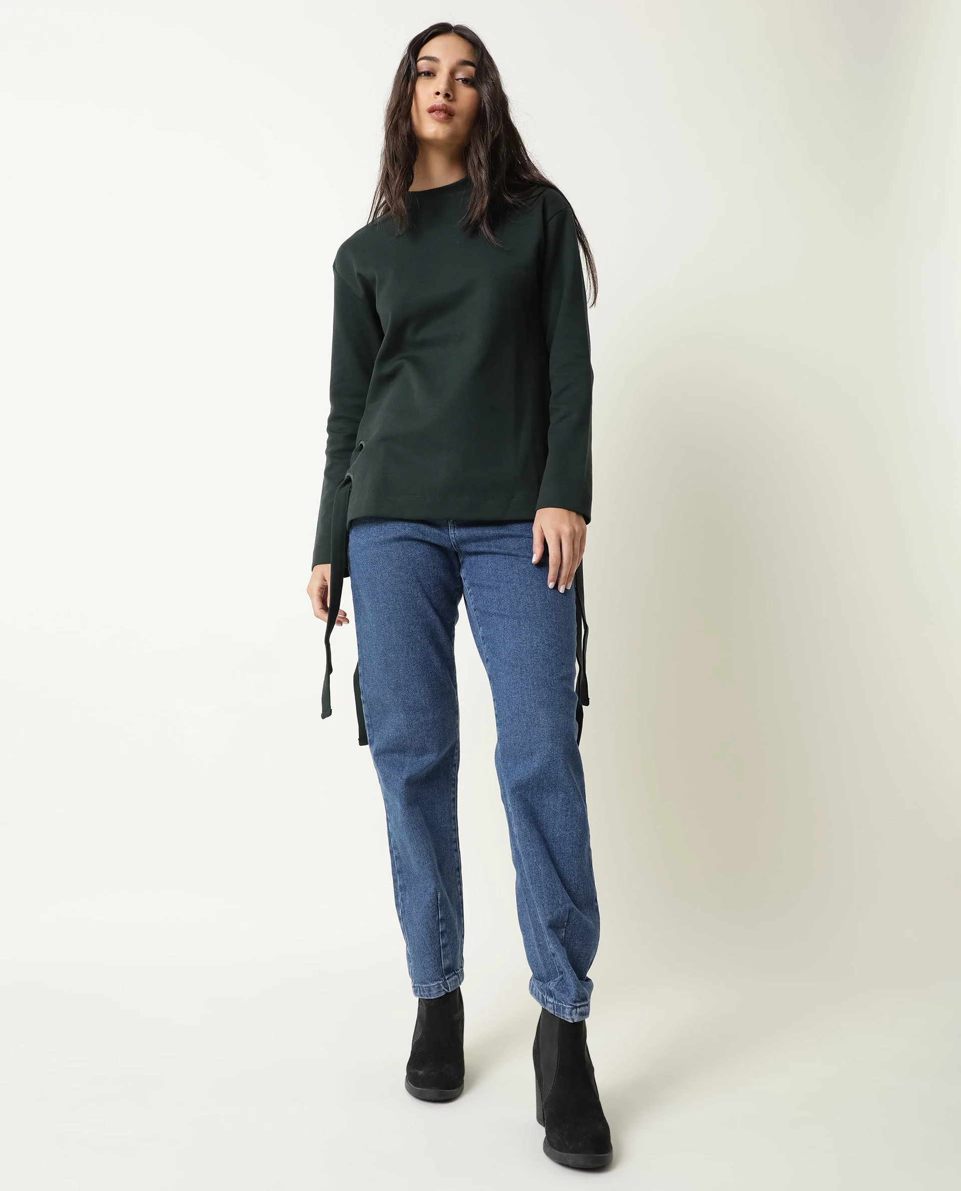 Rareism Women's Ross- Green Cotton Crew Neck Plain Regular Fit Top - Image 2