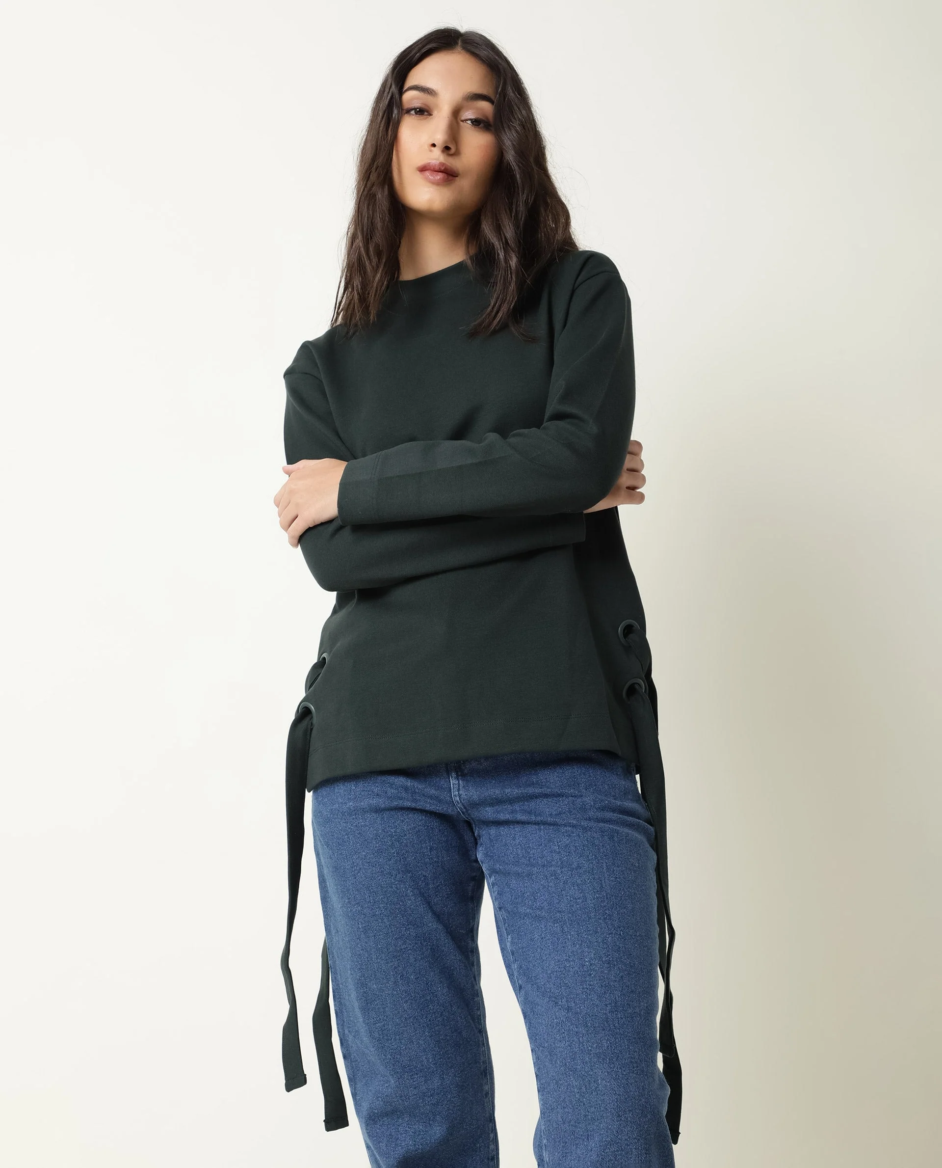 Rareism Women's Ross- Green Cotton Crew Neck Plain Regular Fit Top - Image 4