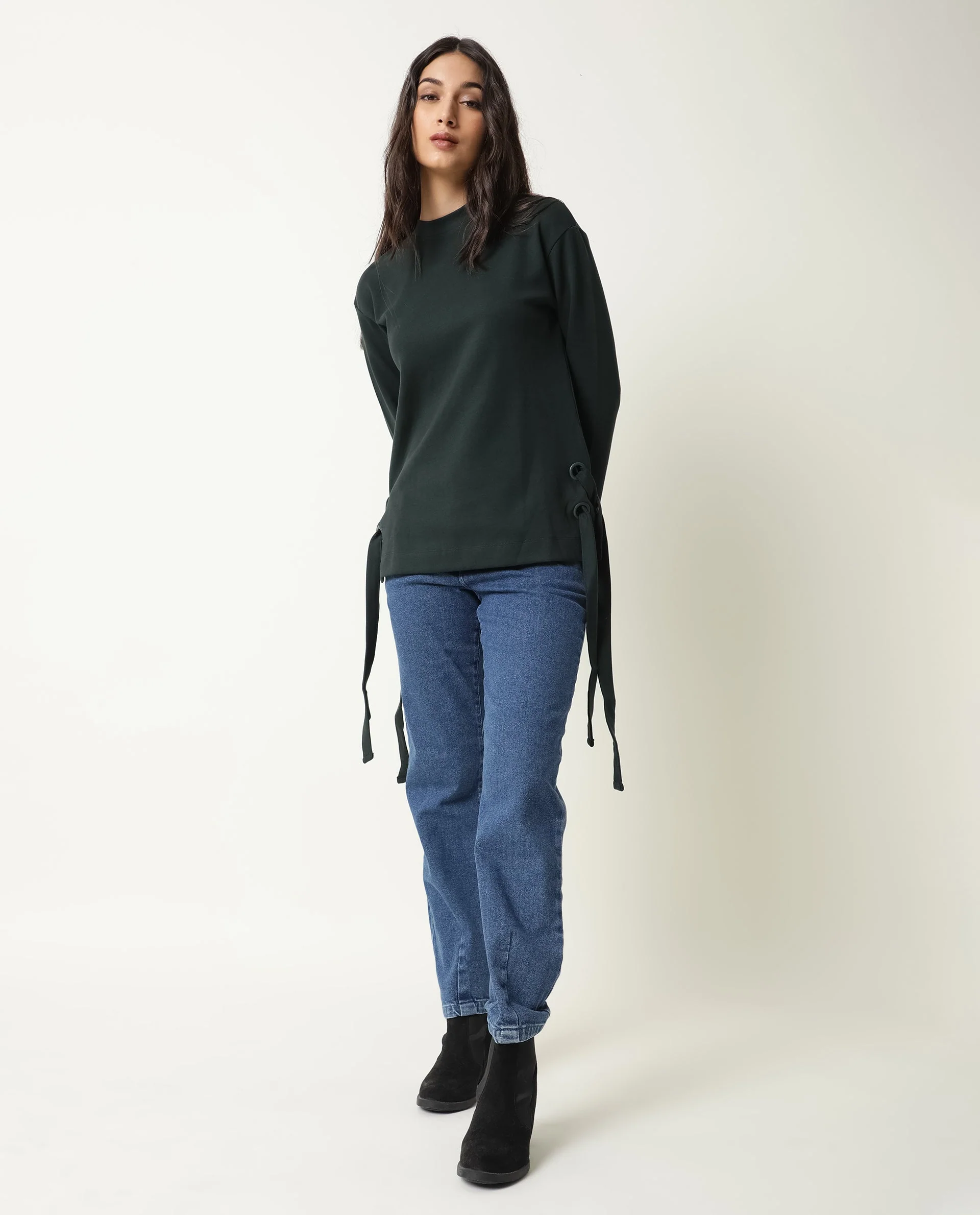 Rareism Women's Ross- Green Cotton Crew Neck Plain Regular Fit Top - Image 5