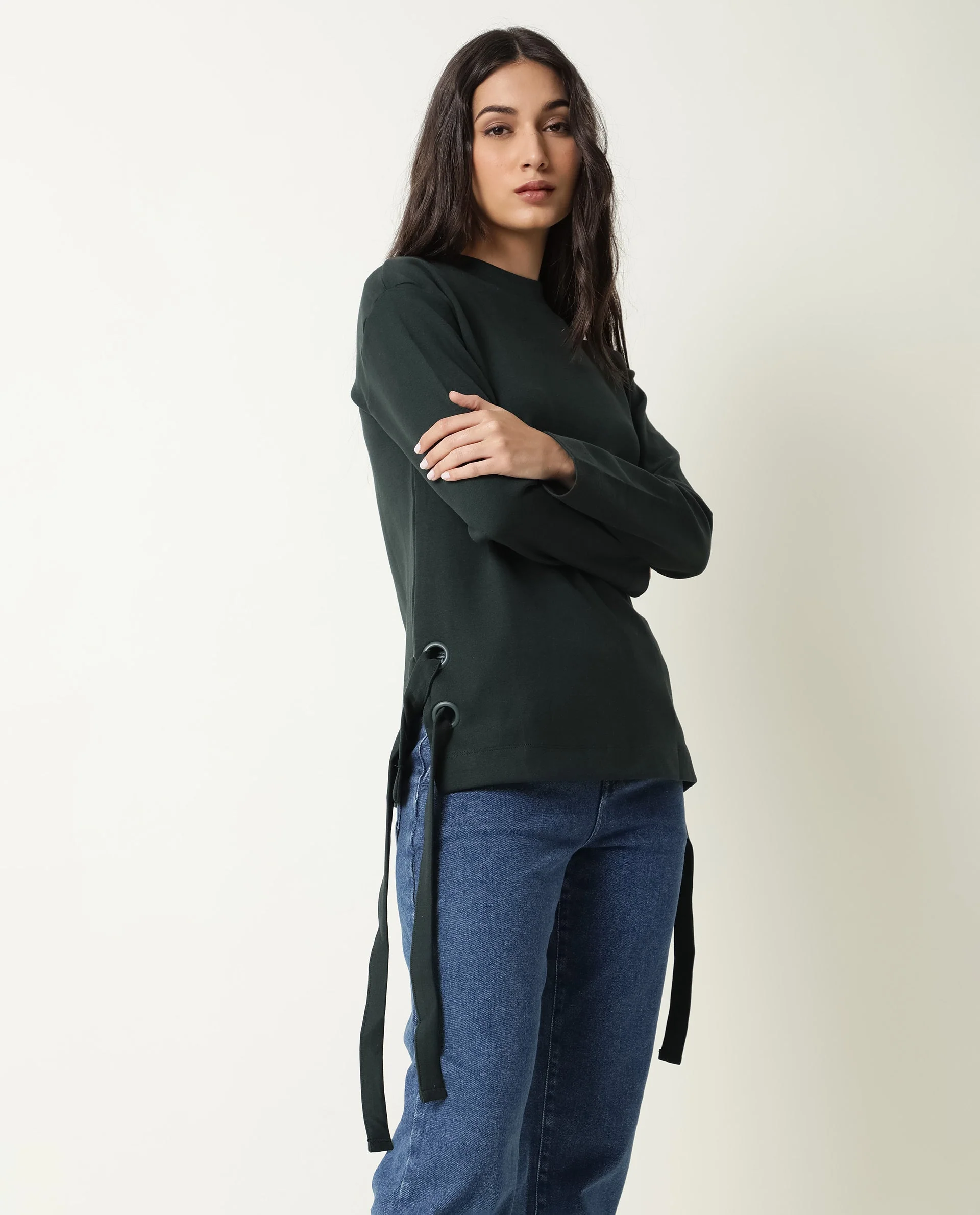 Rareism Women's Ross- Green Cotton Crew Neck Plain Regular Fit Top - Image 9