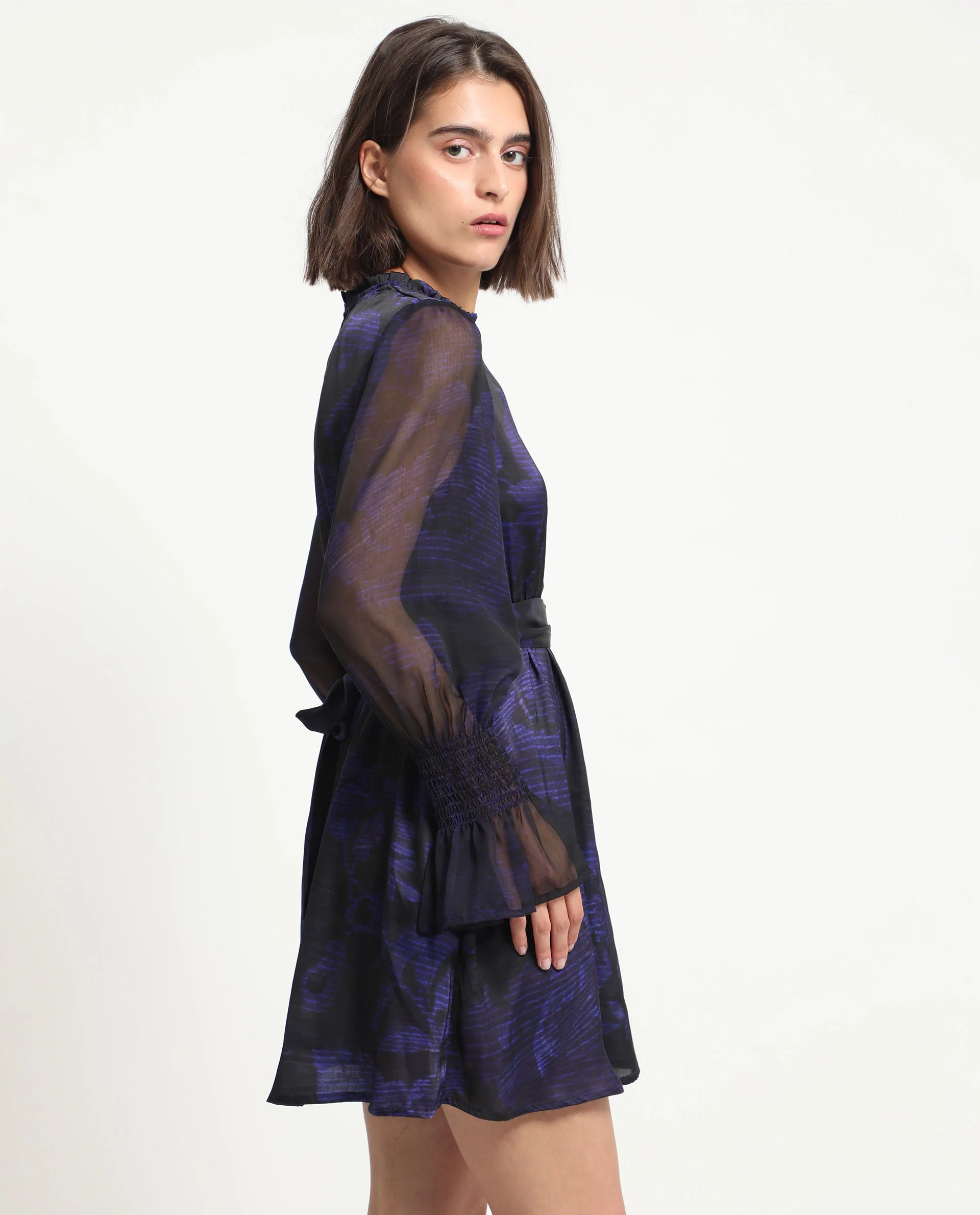 Rareism Women's Rossel Dark Navy Polyester High Neck Abstract Print Balloon Sleeve Mini Regular Fit Dress - Image 10