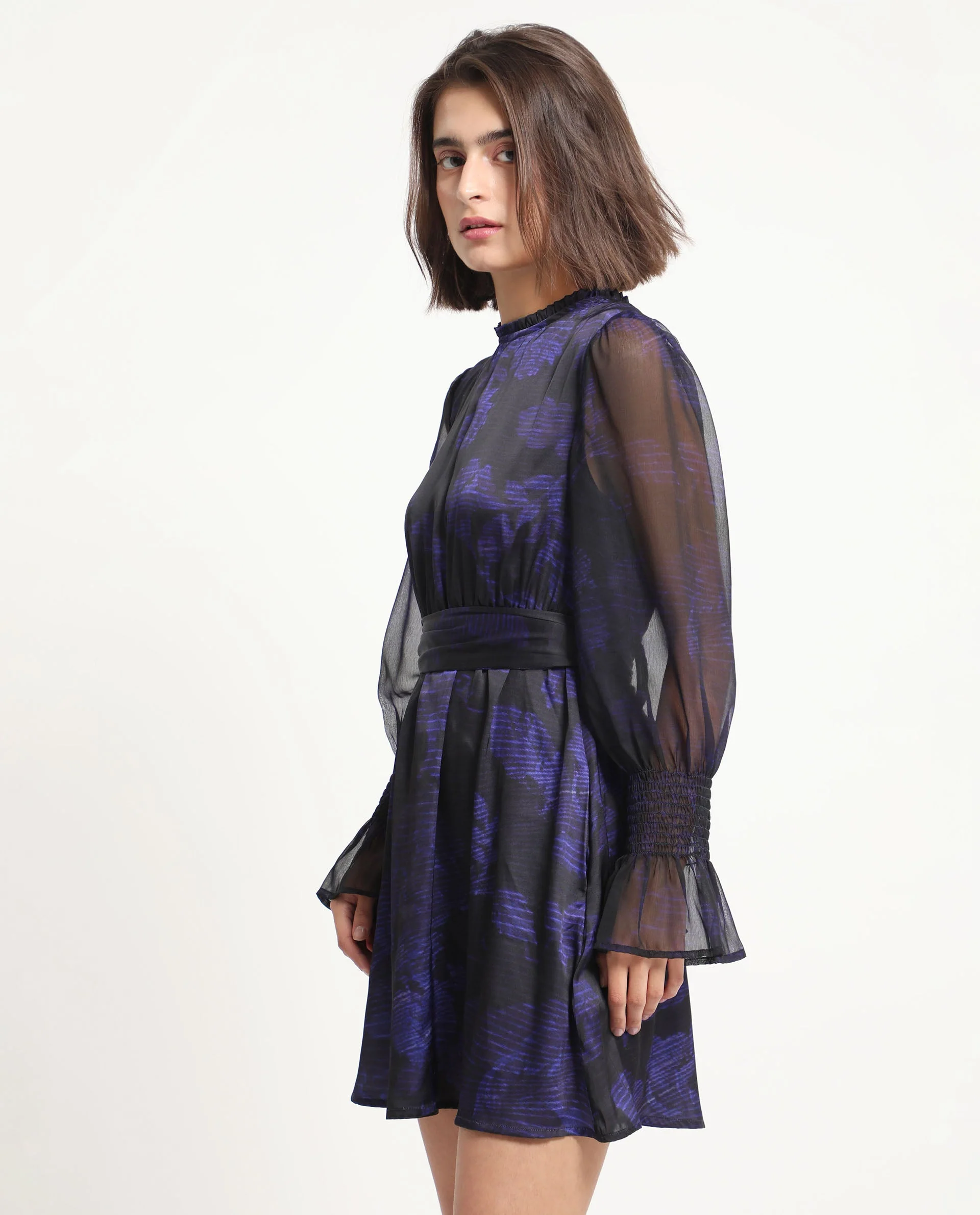 Rareism Women's Rossel Dark Navy Polyester High Neck Abstract Print Balloon Sleeve Mini Regular Fit Dress - Image 11