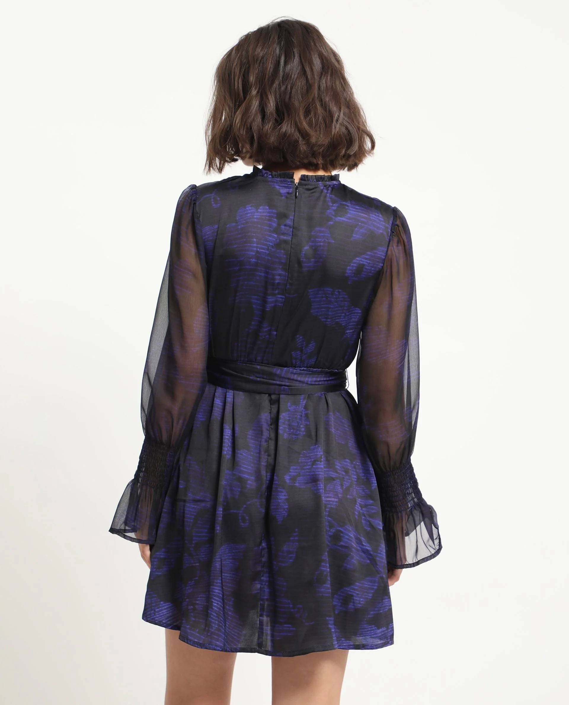Rareism Women's Rossel Dark Navy Polyester High Neck Abstract Print Balloon Sleeve Mini Regular Fit Dress - Image 13