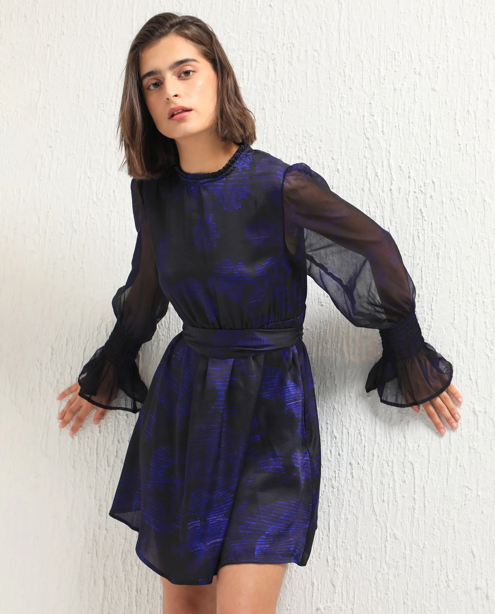 Rareism Women's Rossel Dark Navy Polyester High Neck Abstract Print Balloon Sleeve Mini Regular Fit Dress - Image 4