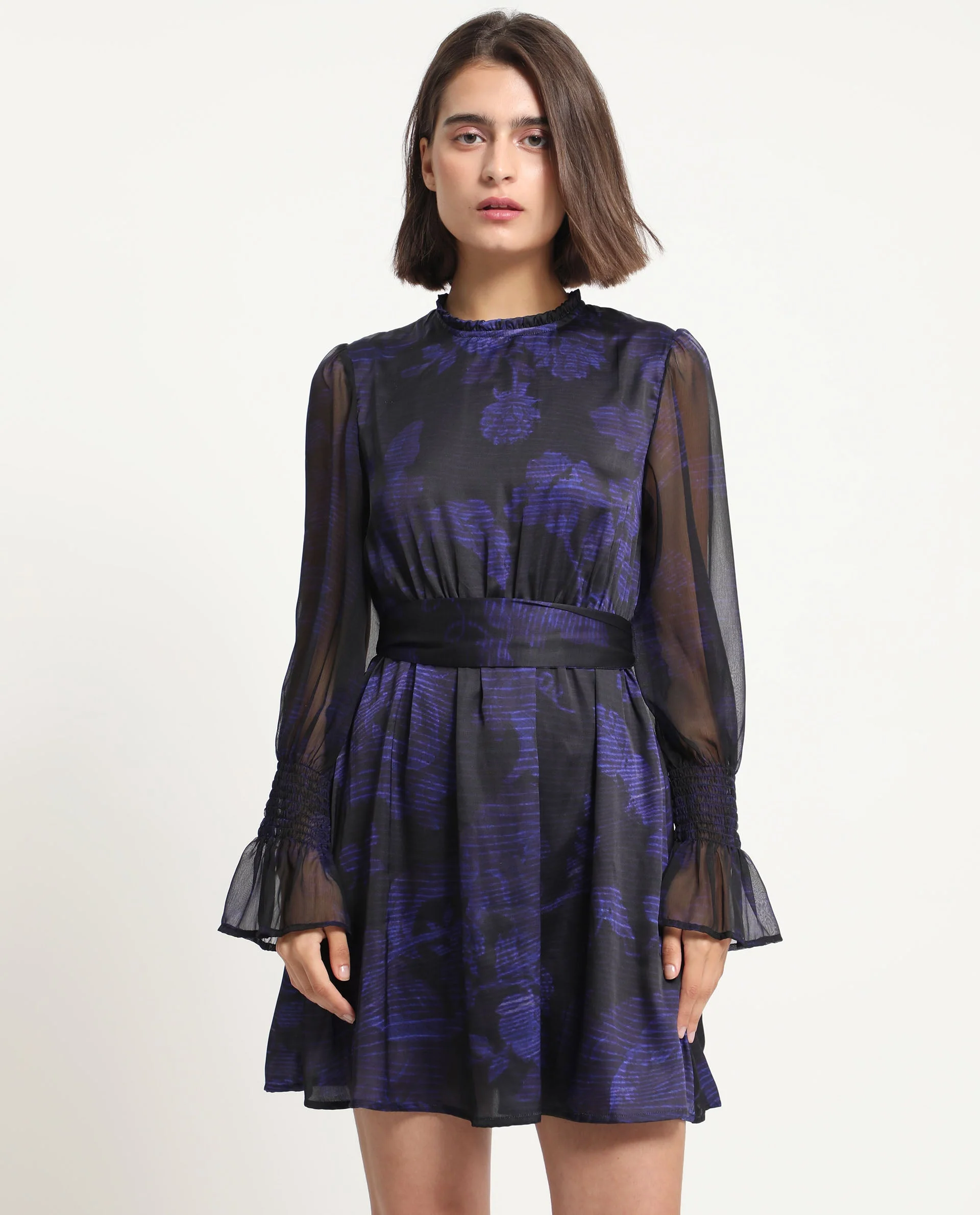 Rareism Women's Rossel Dark Navy Polyester High Neck Abstract Print Balloon Sleeve Mini Regular Fit Dress - Image 5