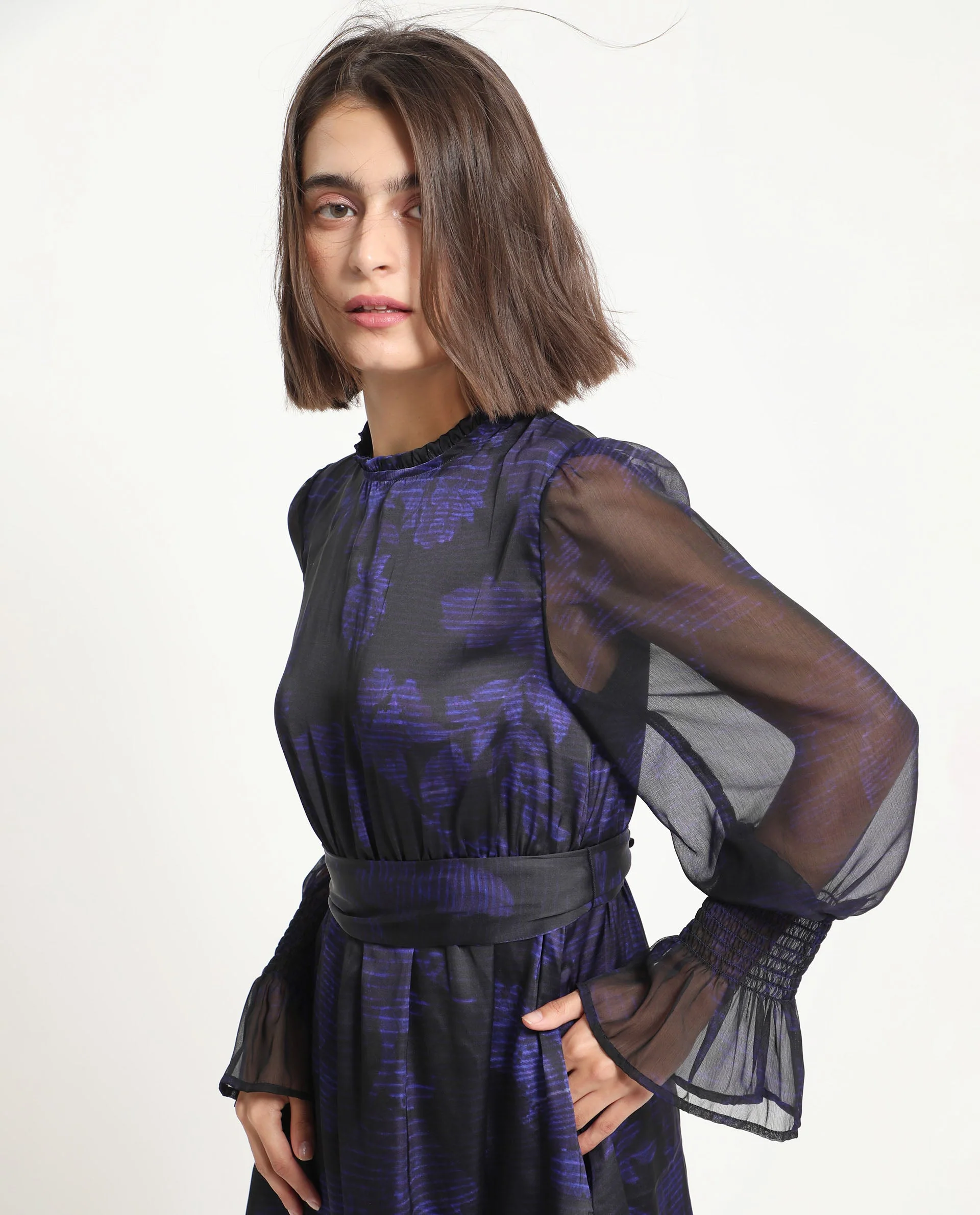 Rareism Women's Rossel Dark Navy Polyester High Neck Abstract Print Balloon Sleeve Mini Regular Fit Dress - Image 7