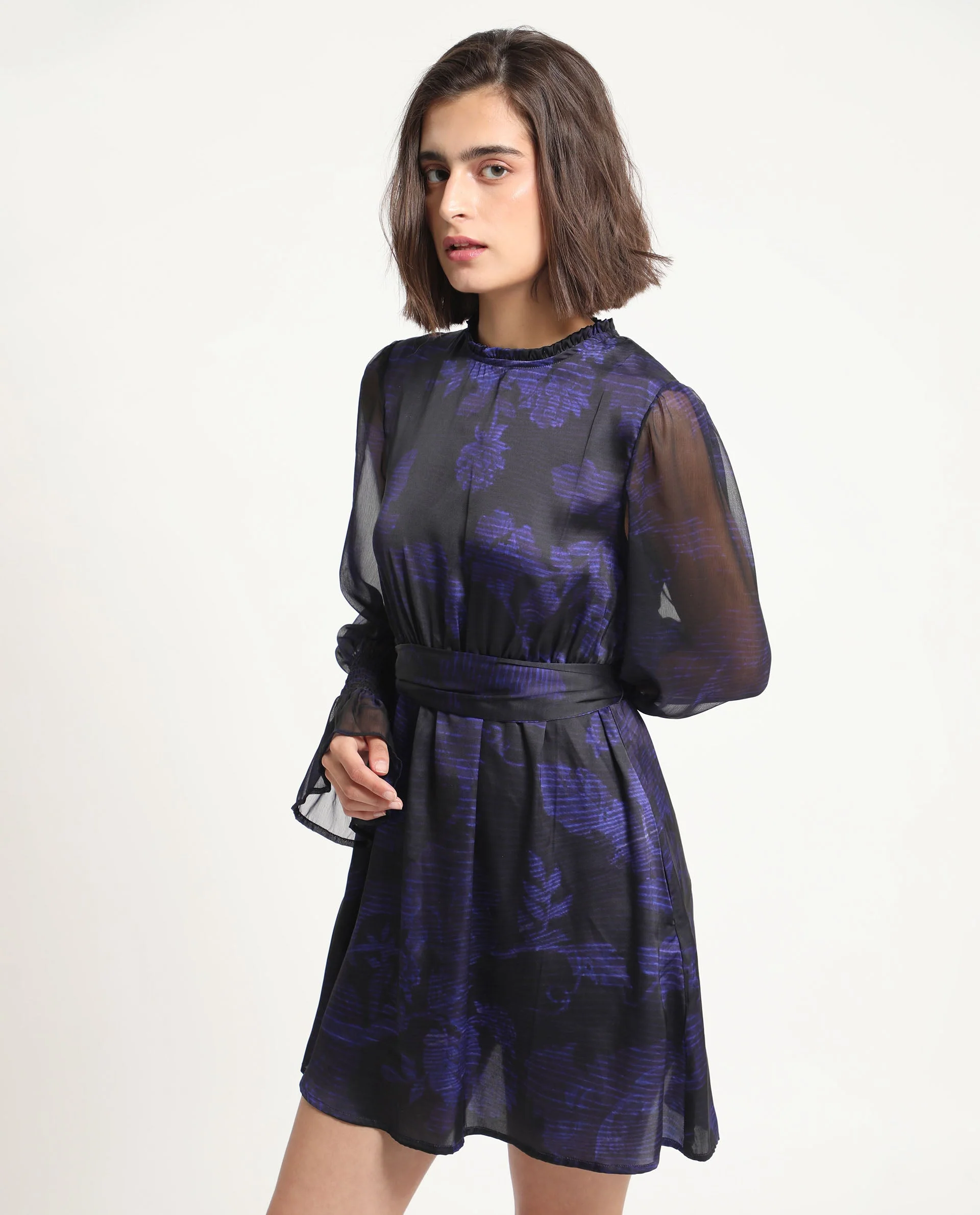 Rareism Women's Rossel Dark Navy Polyester High Neck Abstract Print Balloon Sleeve Mini Regular Fit Dress - Image 9