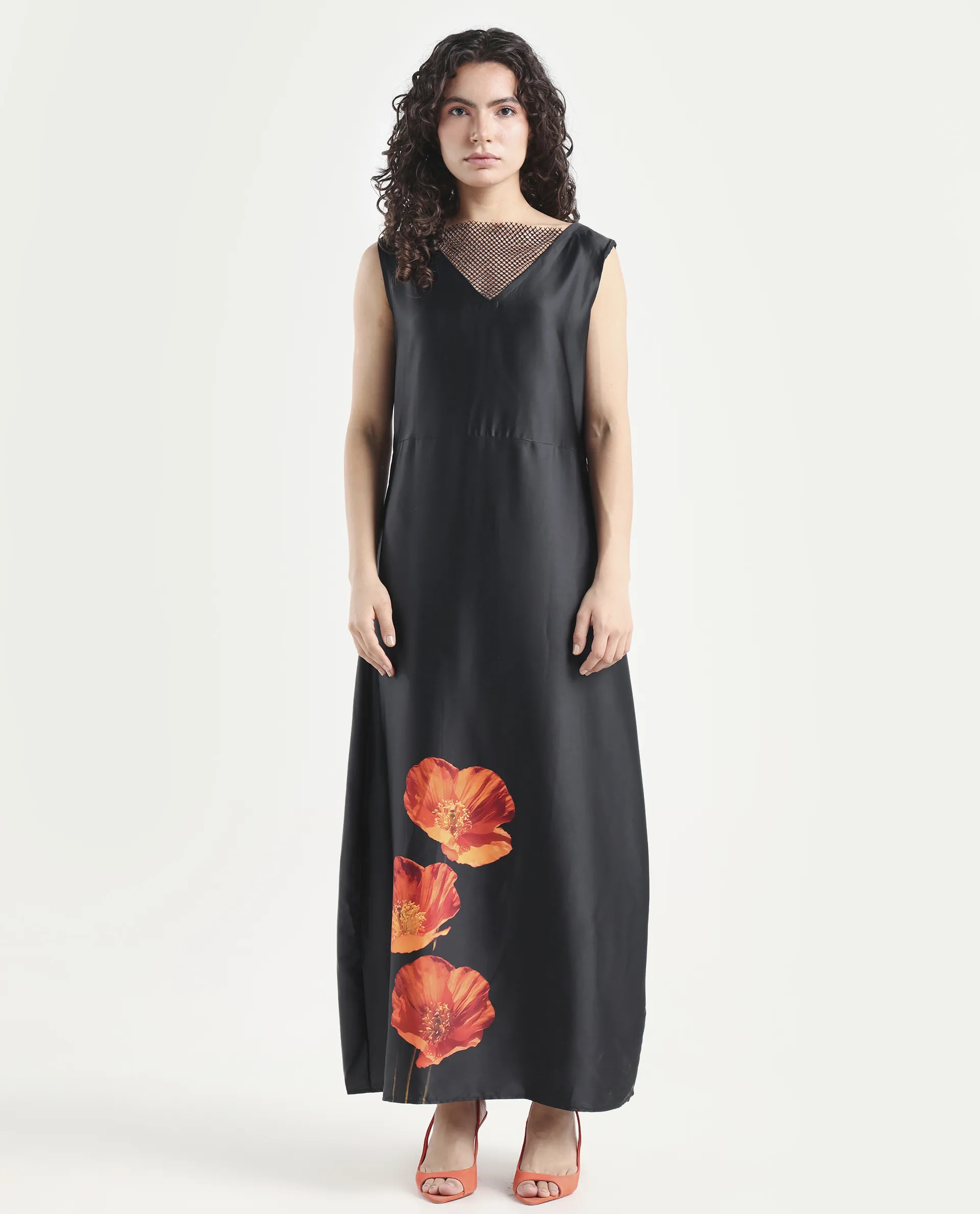 Rareism Women's Rost Black Polyester Collarless Floral Print Sleeveless Maxi Regular Fit Dress - Image 2