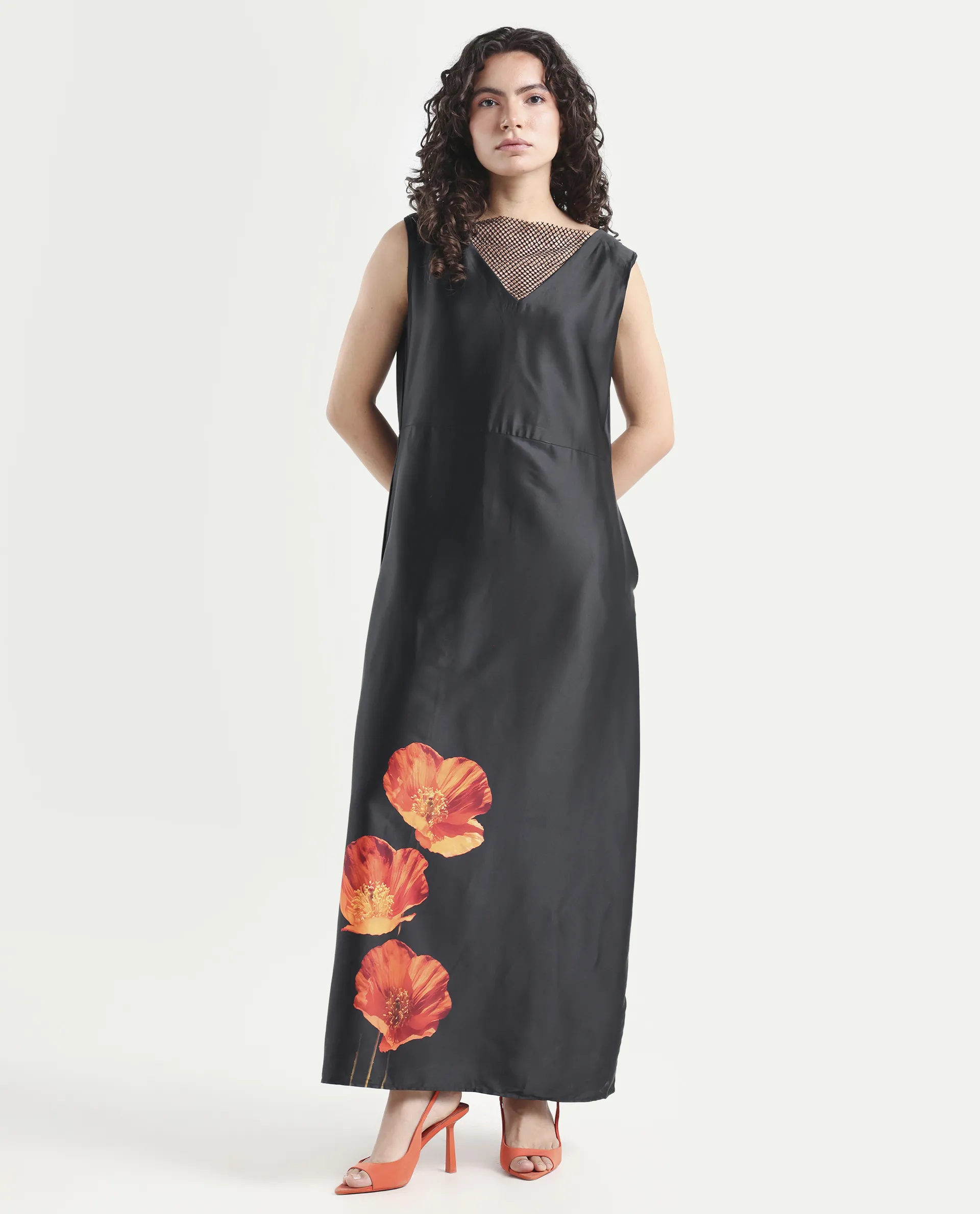 Rareism Women's Rost Black Polyester Collarless Floral Print Sleeveless Maxi Regular Fit Dress - Image 3