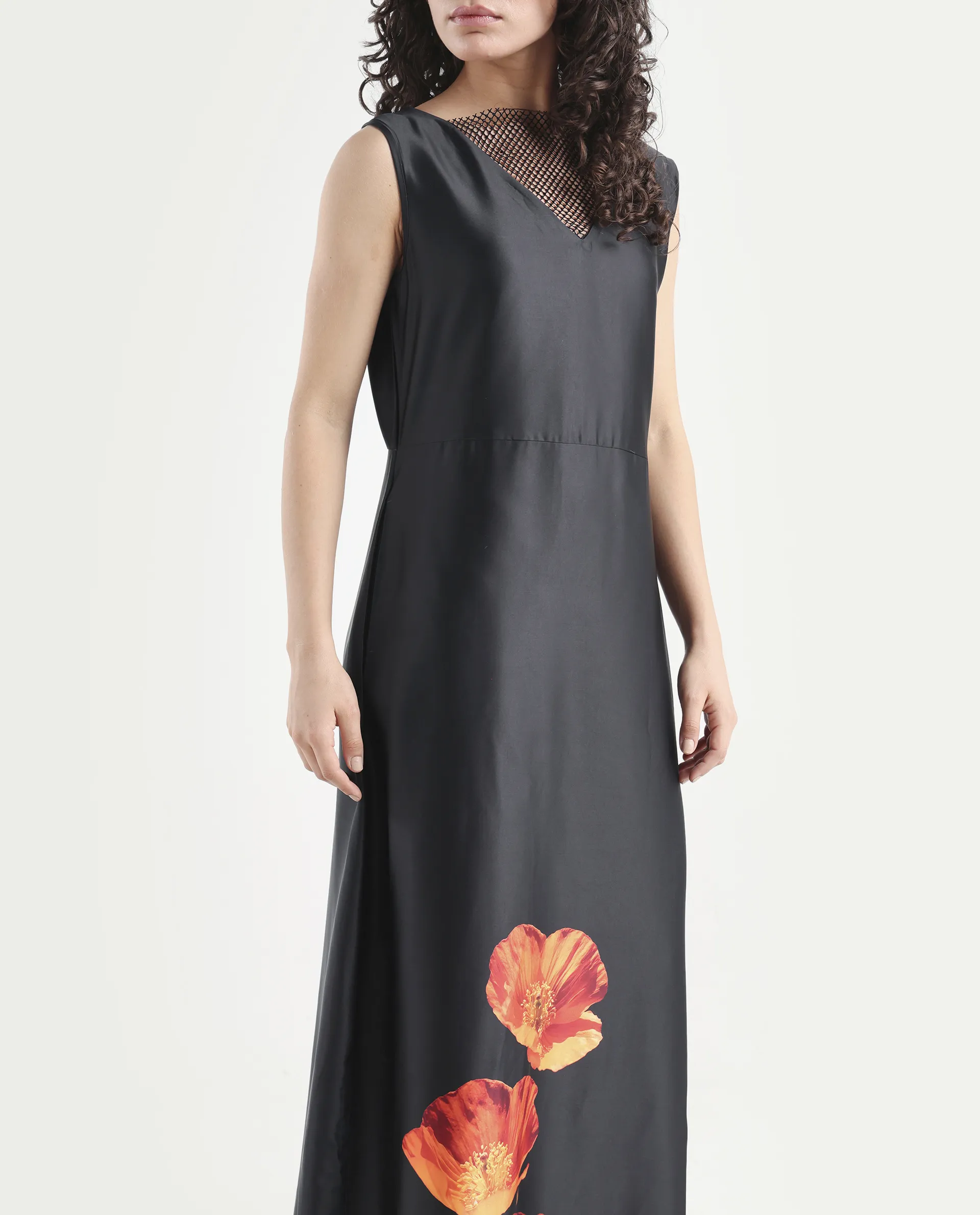 Rareism Women's Rost Black Polyester Collarless Floral Print Sleeveless Maxi Regular Fit Dress - Image 4