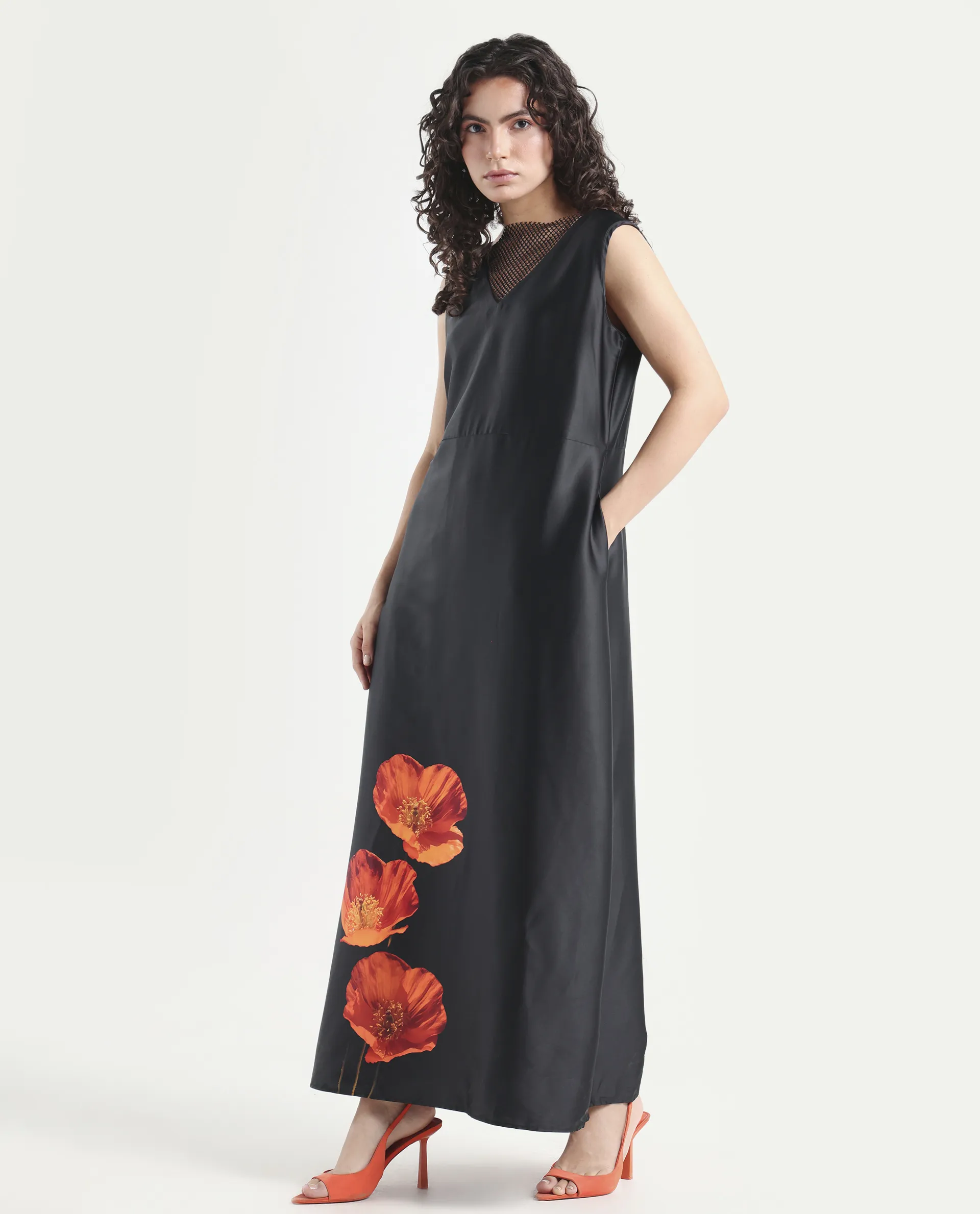 Rareism Women's Rost Black Polyester Collarless Floral Print Sleeveless Maxi Regular Fit Dress - Image 7