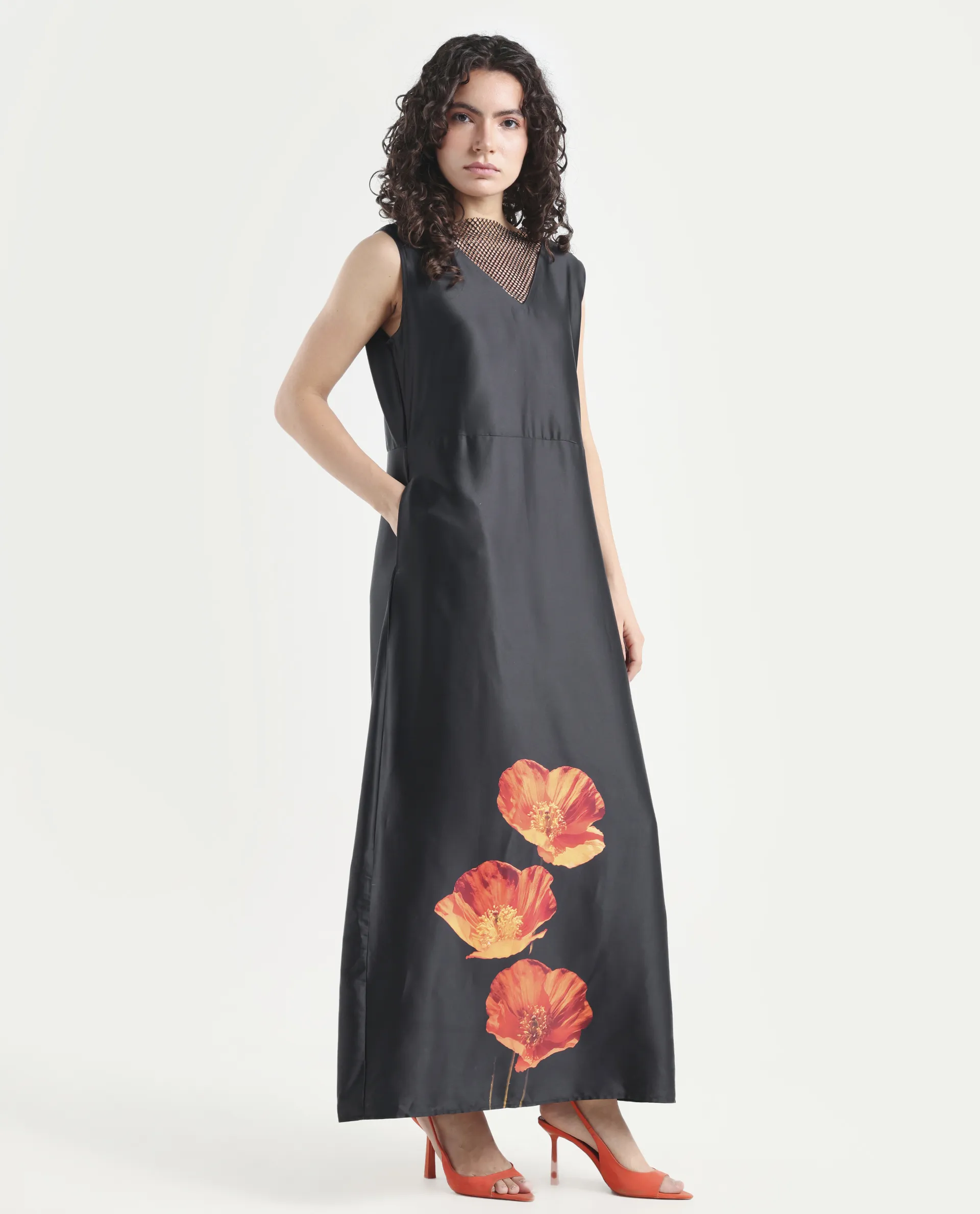 Rareism Women's Rost Black Polyester Collarless Floral Print Sleeveless Maxi Regular Fit Dress - Image 8