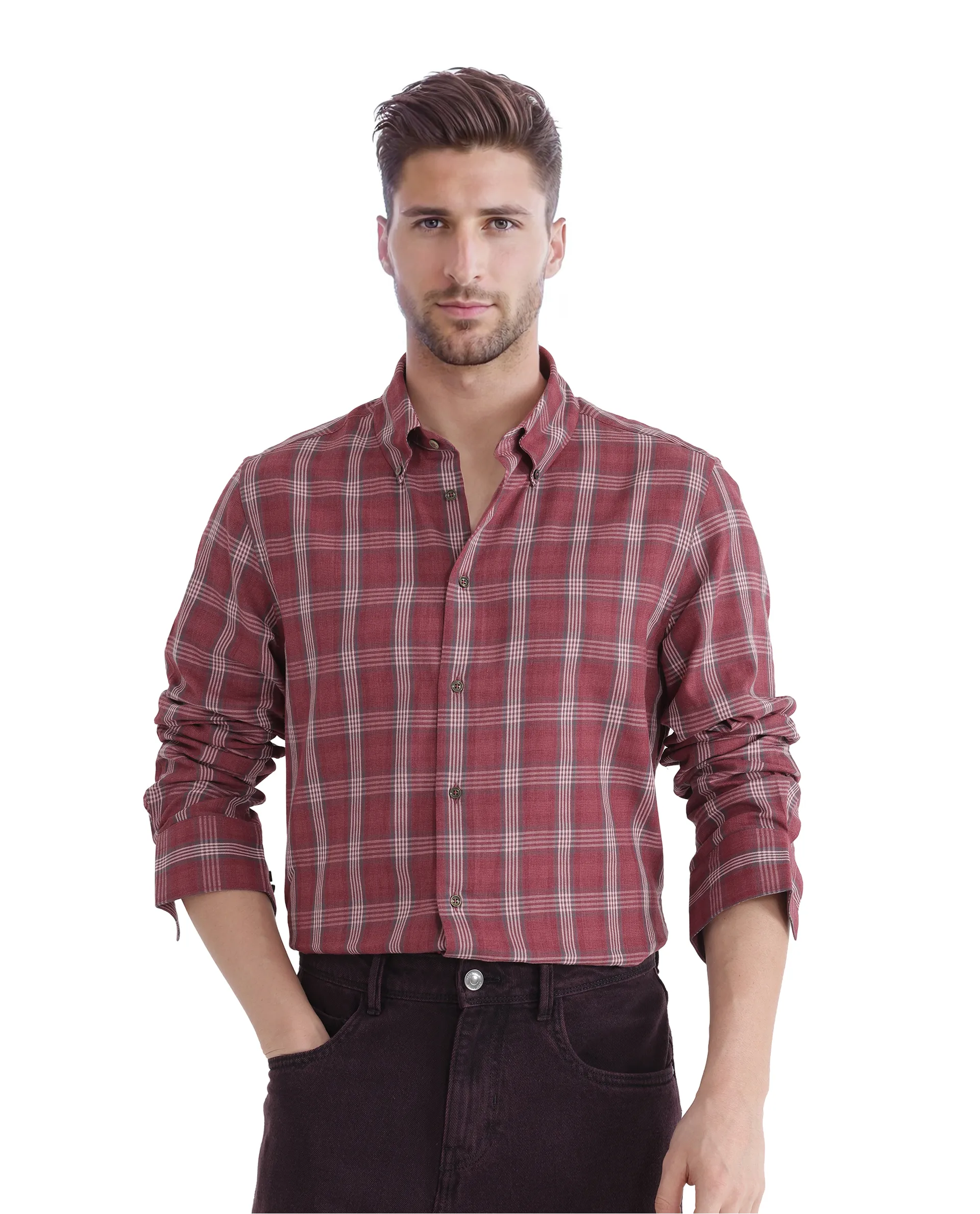 Rare Rabbit Men's Rosy Dark Pink Cotton Checked Print Regular Fit Full Sleeve Collared Shirt - Image 2