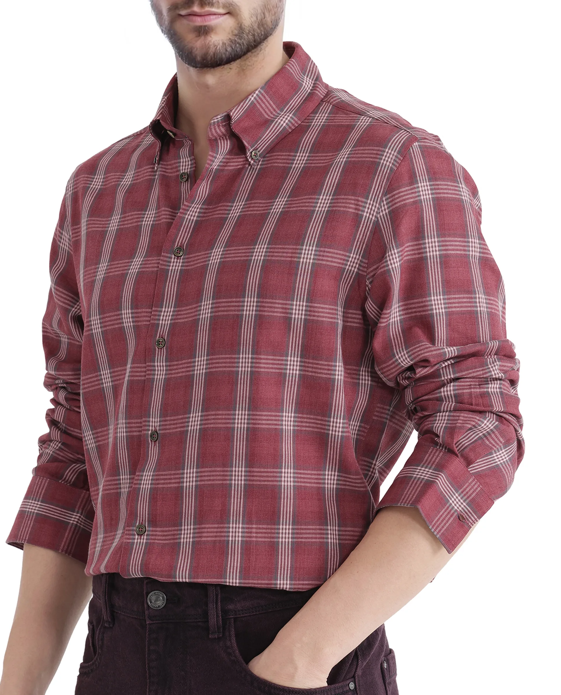 Rare Rabbit Men's Rosy Dark Pink Cotton Checked Print Regular Fit Full Sleeve Collared Shirt - Image 4
