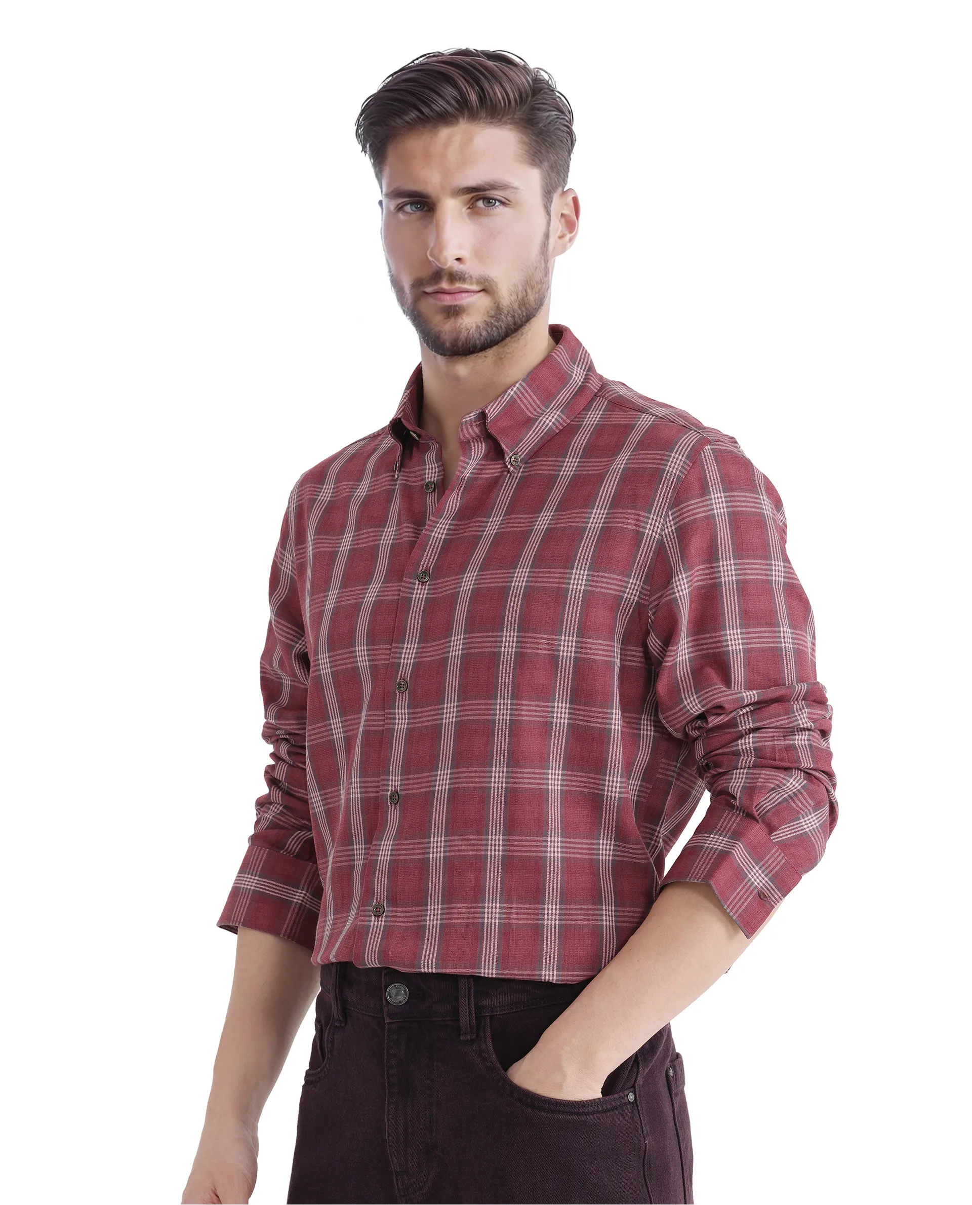 Rare Rabbit Men's Rosy Dark Pink Cotton Checked Print Regular Fit Full Sleeve Collared Shirt - Image 6