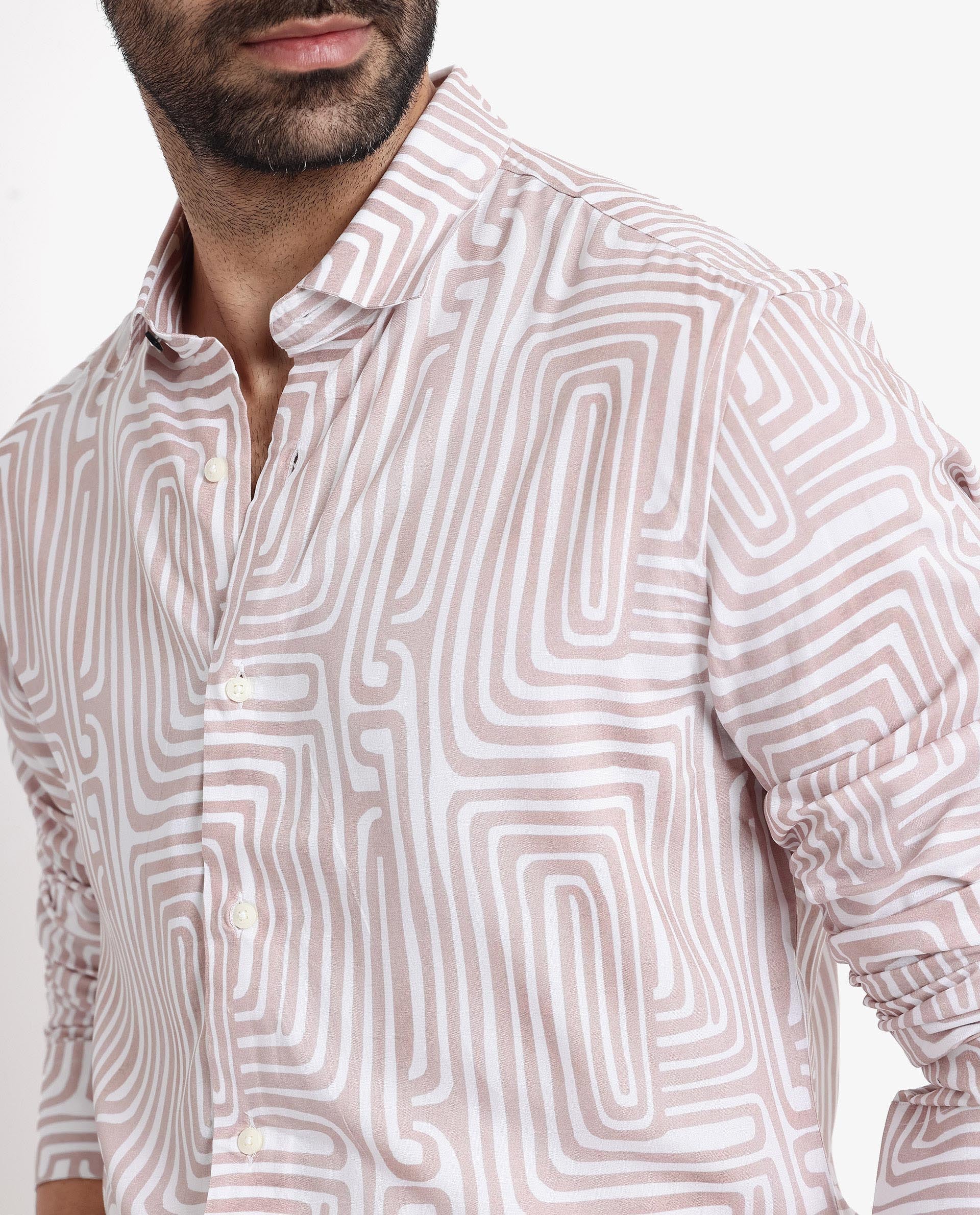 Rare Rabbit Men's Rotary Beige Cotton Abstract Print Tailored Fit Full Sleeve Collared Shirt - Image 3