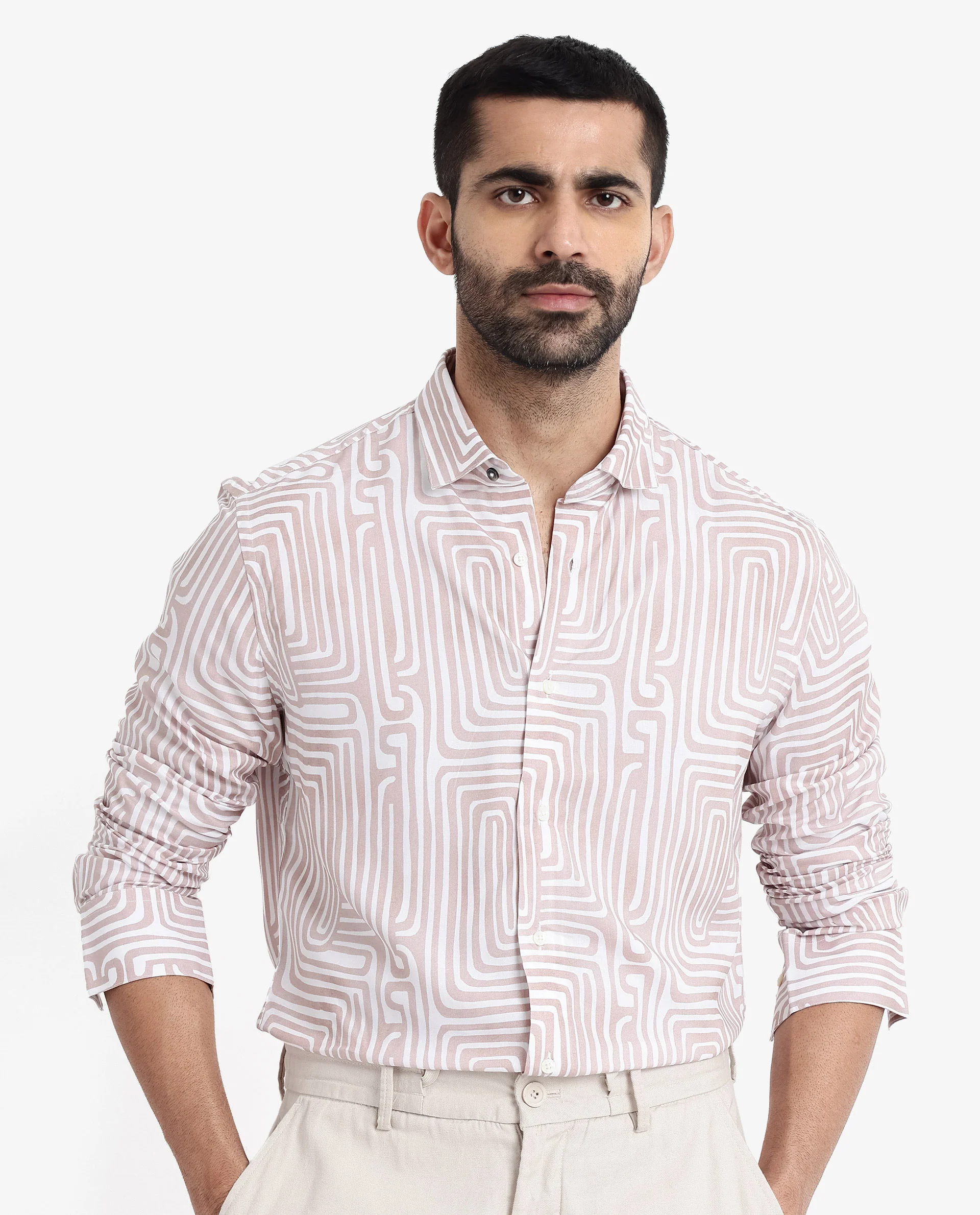 Rare Rabbit Men's Rotary Beige Cotton Abstract Print Tailored Fit Full Sleeve Collared Shirt - Image 4