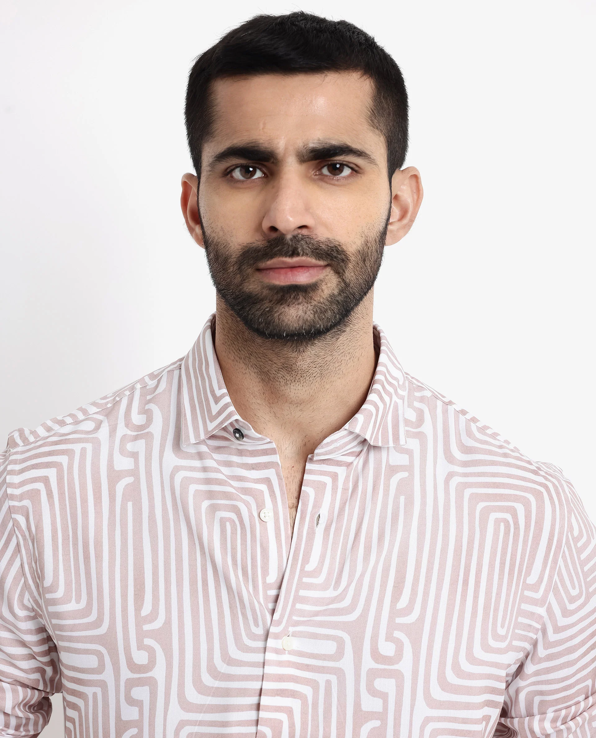 Rare Rabbit Men's Rotary Beige Cotton Abstract Print Tailored Fit Full Sleeve Collared Shirt - Image 5