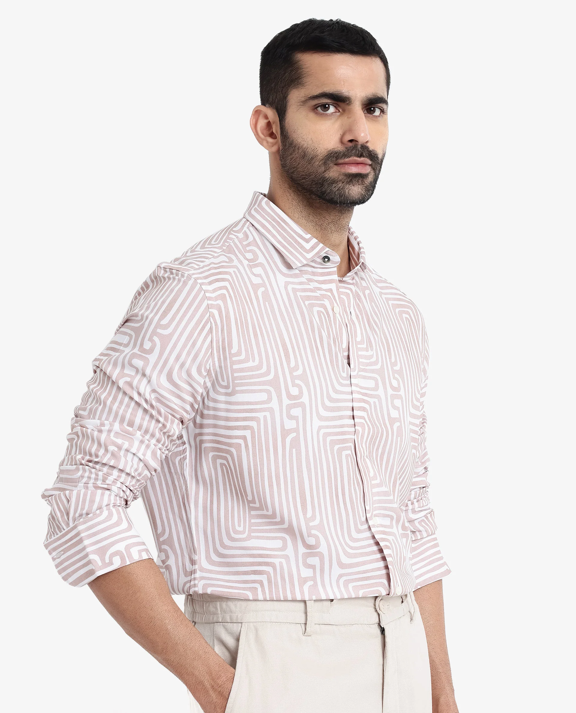 Rare Rabbit Men's Rotary Beige Cotton Abstract Print Tailored Fit Full Sleeve Collared Shirt - Image 6