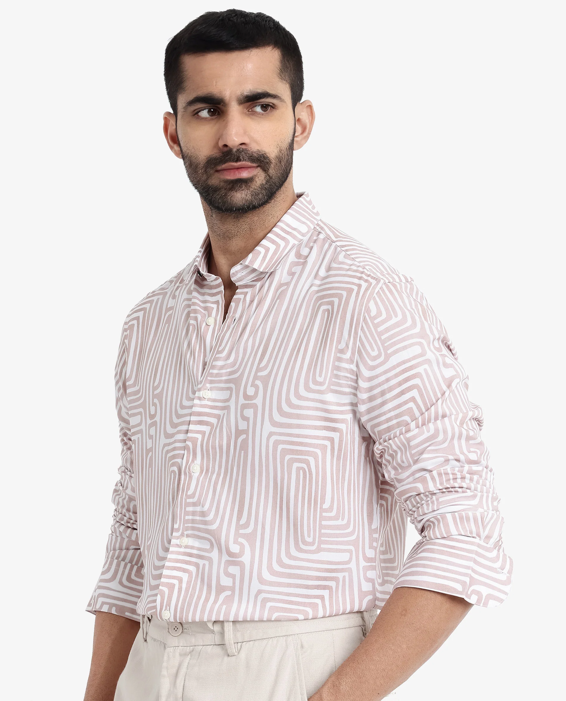 Rare Rabbit Men's Rotary Beige Cotton Abstract Print Tailored Fit Full Sleeve Collared Shirt - Image 8