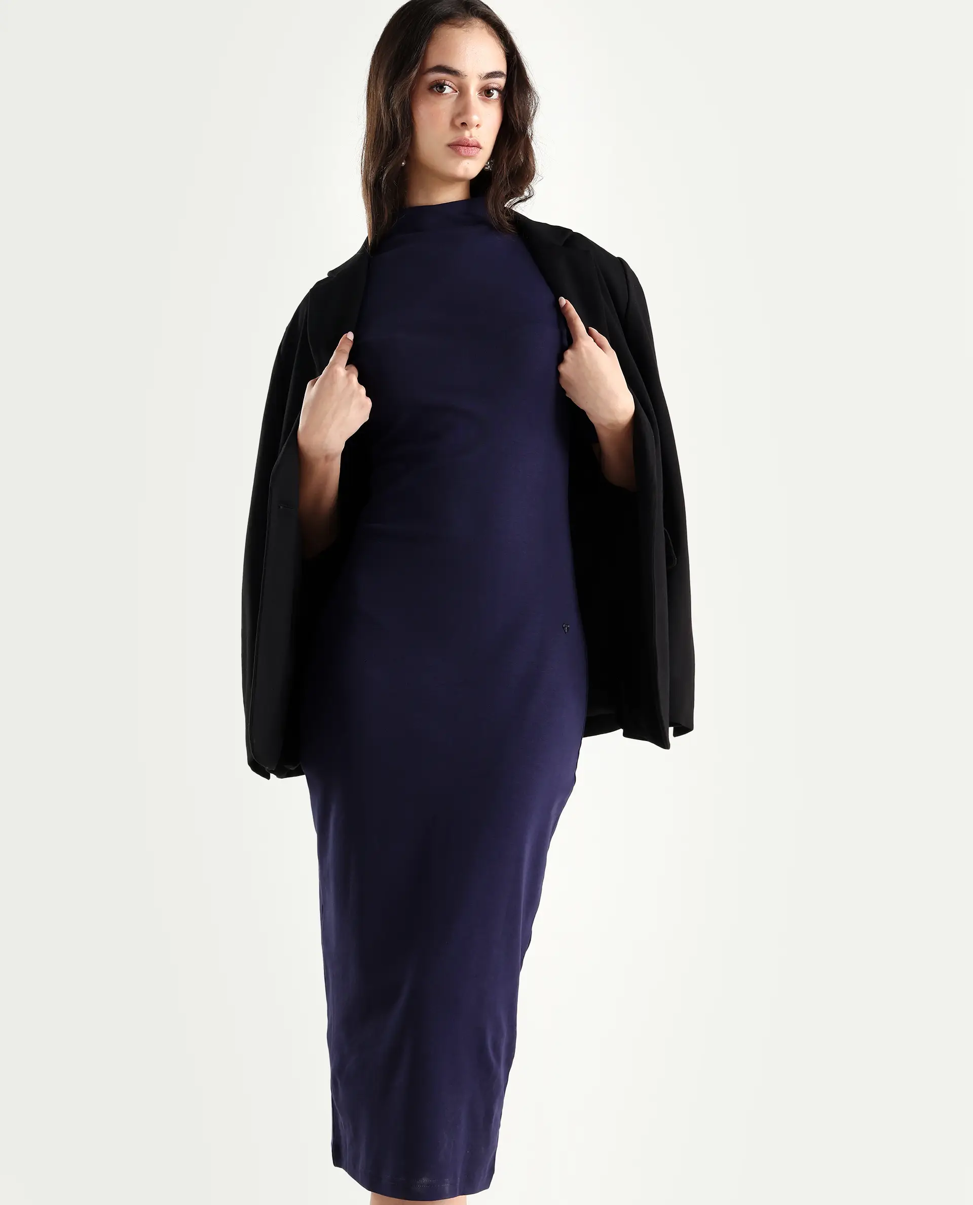 Rareism Women's Rotary Dusky Purple Cotton Blend High Neck Plain Maxi Slim Fit Dress - Image 2