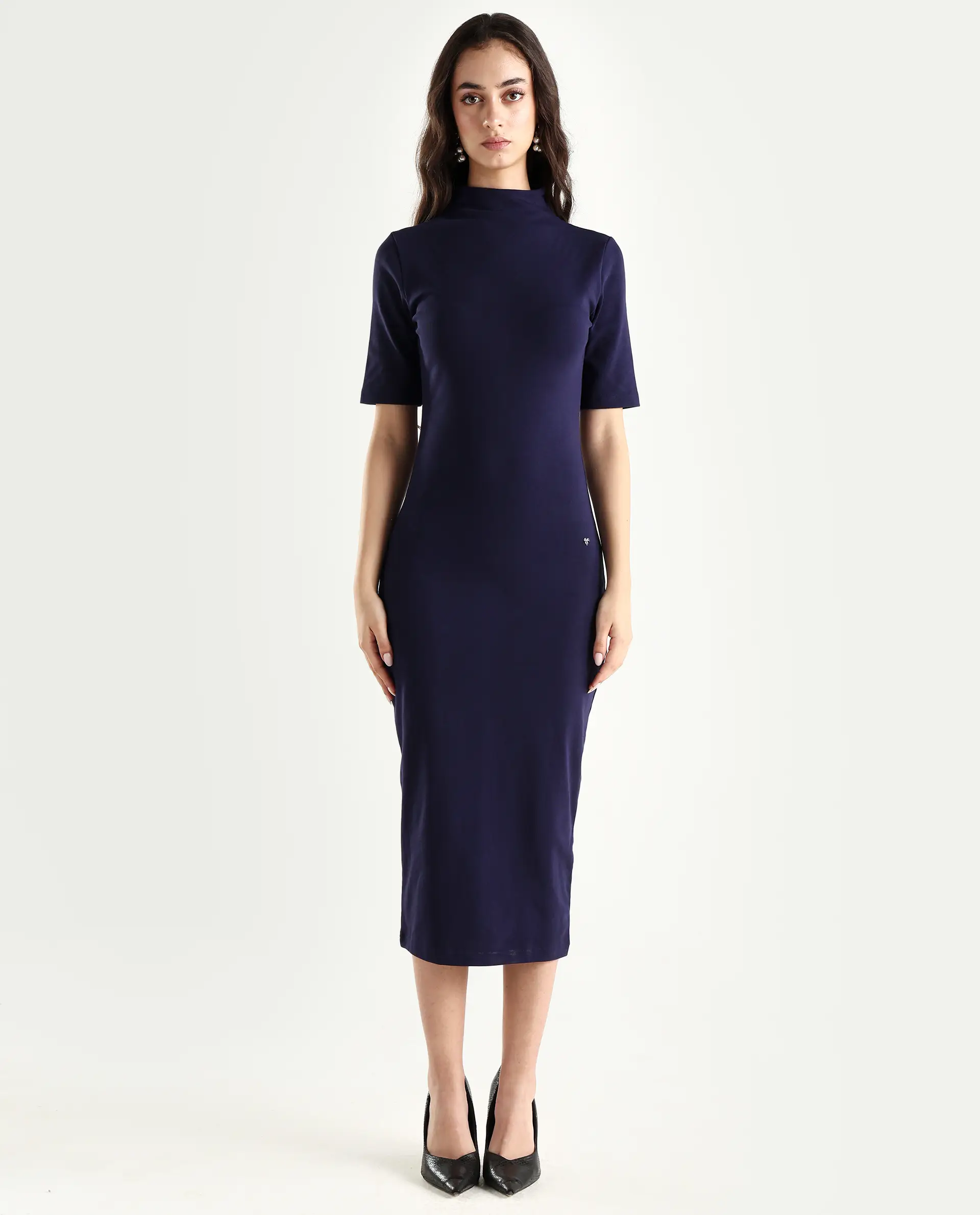 Rareism Women's Rotary Dusky Purple Cotton Blend High Neck Plain Maxi Slim Fit Dress - Image 3
