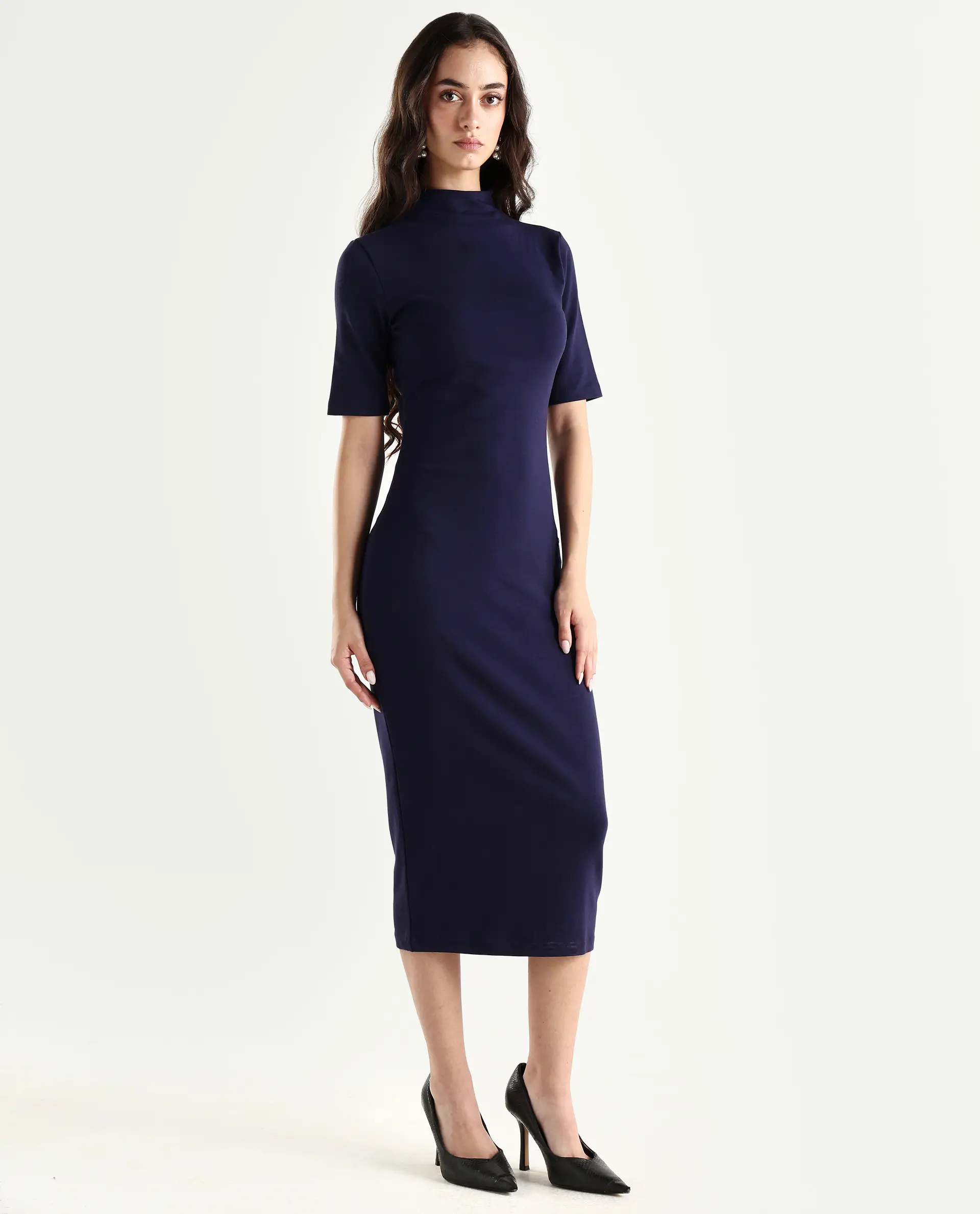 Rareism Women's Rotary Dusky Purple Cotton Blend High Neck Plain Maxi Slim Fit Dress - Image 5