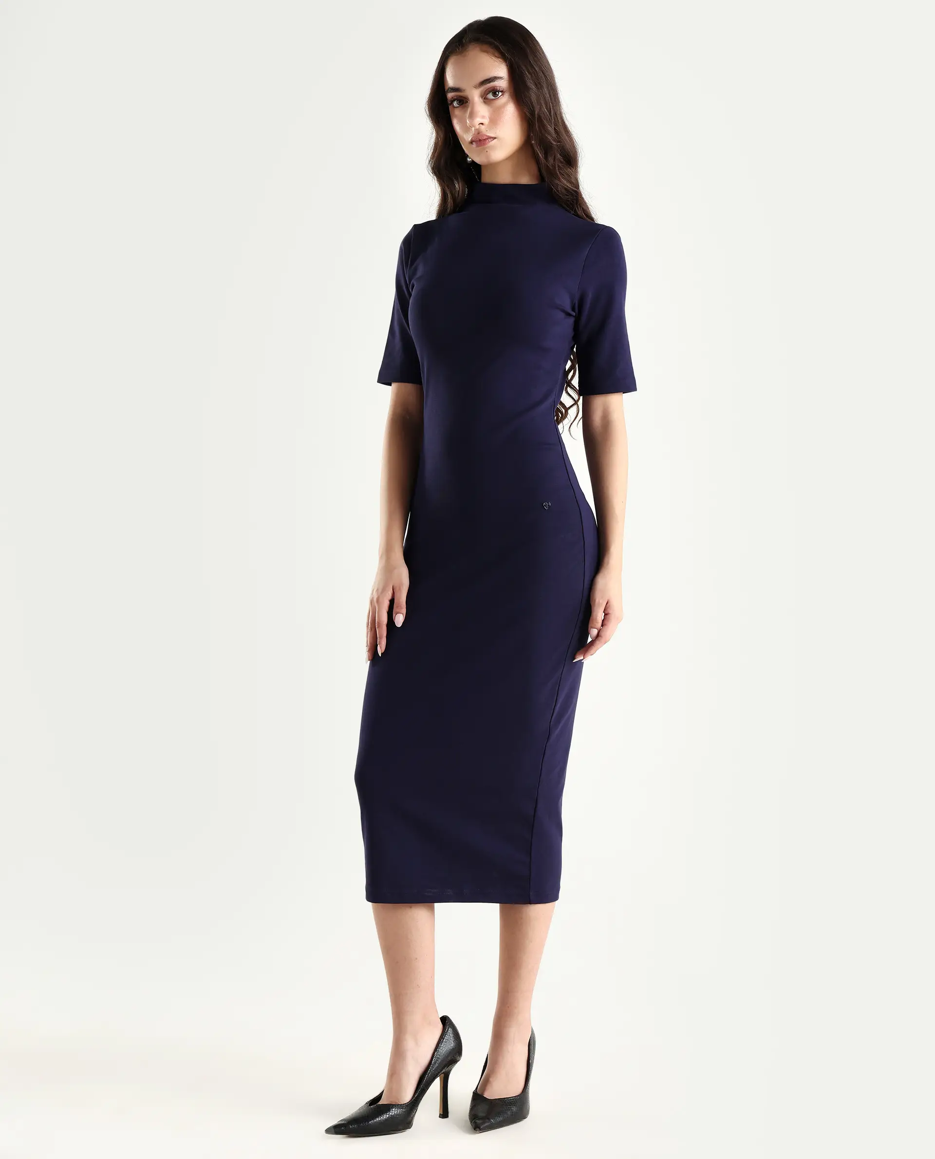 Rareism Women's Rotary Dusky Purple Cotton Blend High Neck Plain Maxi Slim Fit Dress - Image 6